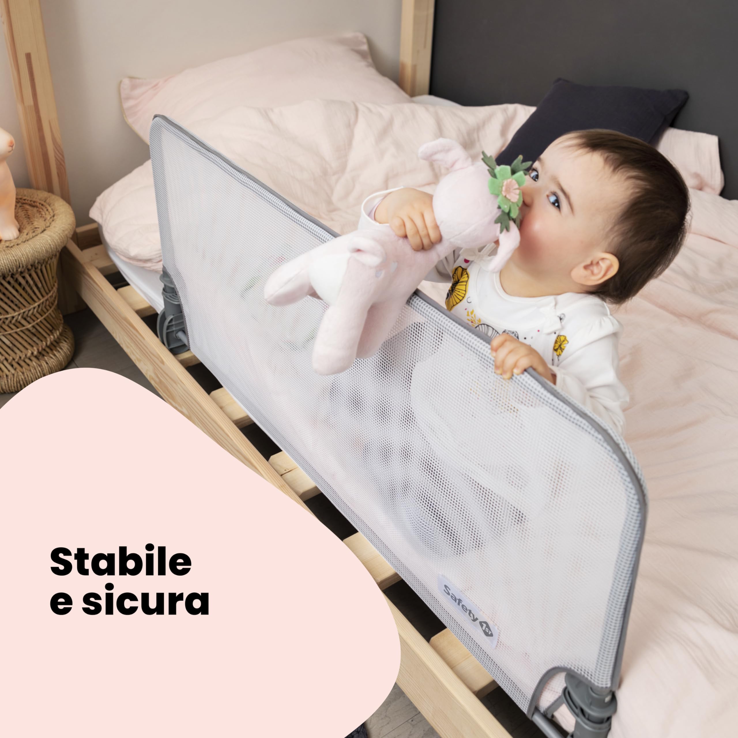 Safety 1st Barriera Letto Bambini 150 cm, Sponda 18 Mesi - 5 Anni, Sbarra Letto Bambini Reclinabile, Paracolpi Tessuto in Rete, Blocco Automatico, Semplice da Pulire, Bianco