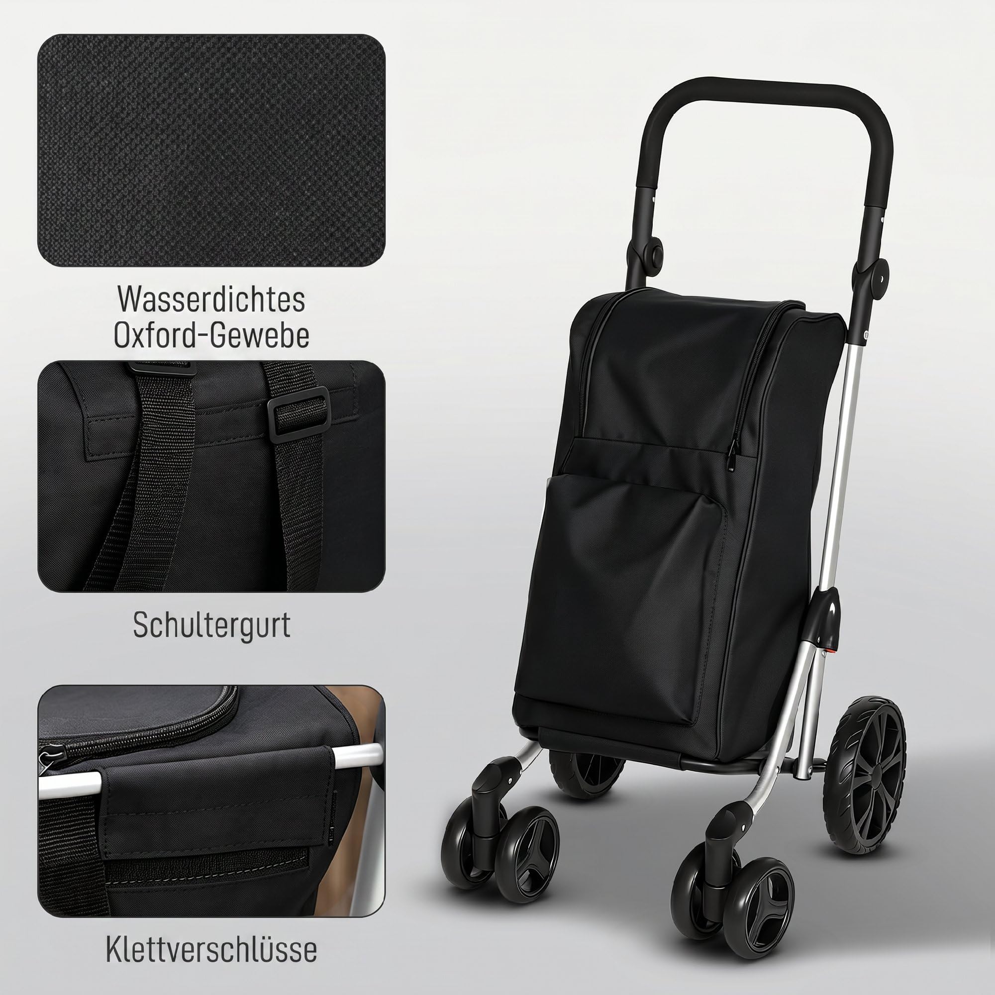 HOMCOM Einkaufstrolley Klappbar mit Kühlfach, 46L, Schwarz | Einkaufswagen, 3in1 Trolley, Sackkarre & Umhängetasche, Verstellbar Griff, Einkaufsroller mit Abnehmbarer Tasche, 6 Rädern