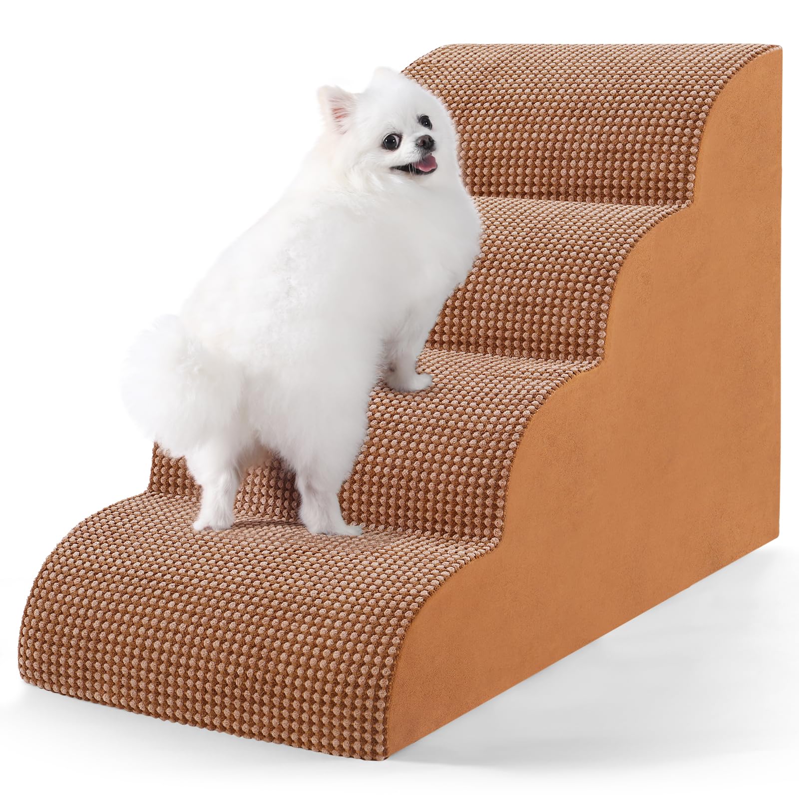 Photo 1 of EASYSOAR Dog Stairs for High Beds, 4-Tier Dog Stairs for Small Dogs and Cats High Density Foam Dog Steps for Couch & Bed, Pet Stairs with Non-Slip Bottom for Doggies, Old Dogs and Injured Pets, Camel 4-Step (28.3"L x 15.7"W x 19.6"H) Fleece Camel