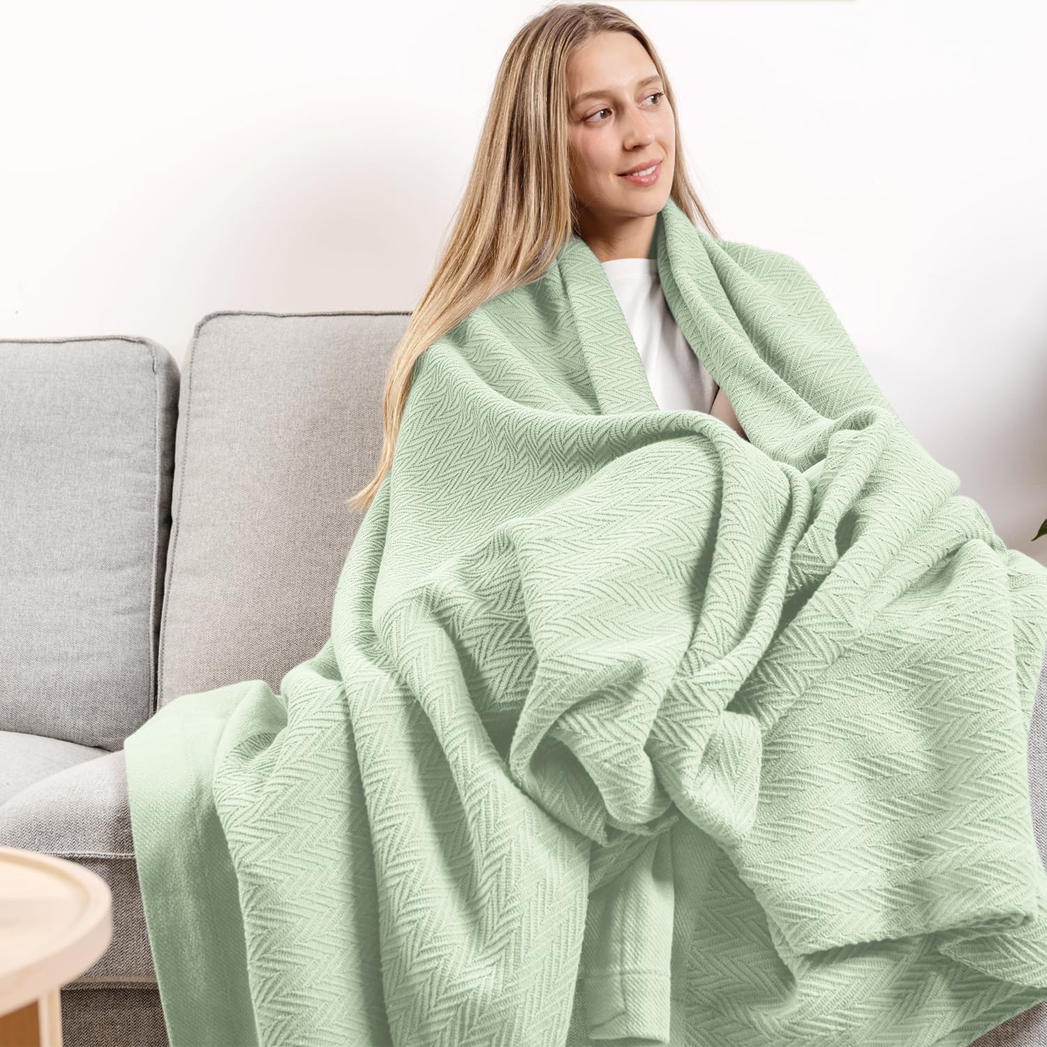 Carressa Linen Pure Cotton, Luxury King Size Soft Sage Blanket Herringbone Pattern, Lightweight, Soft & Cozy Premium Fall Bed Throw Blanket for All