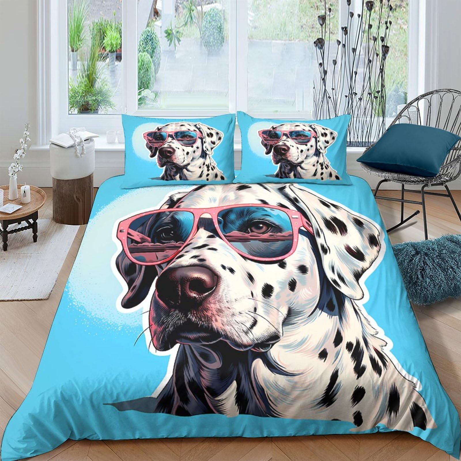 Ctjqhvkz Style-7 3D Printed Dalmatian Dog Fitted Sheet Microfiber Soft Blue Sunglasses Bed Cover For Bedroom Guest Room Decor Single（135X200cm）