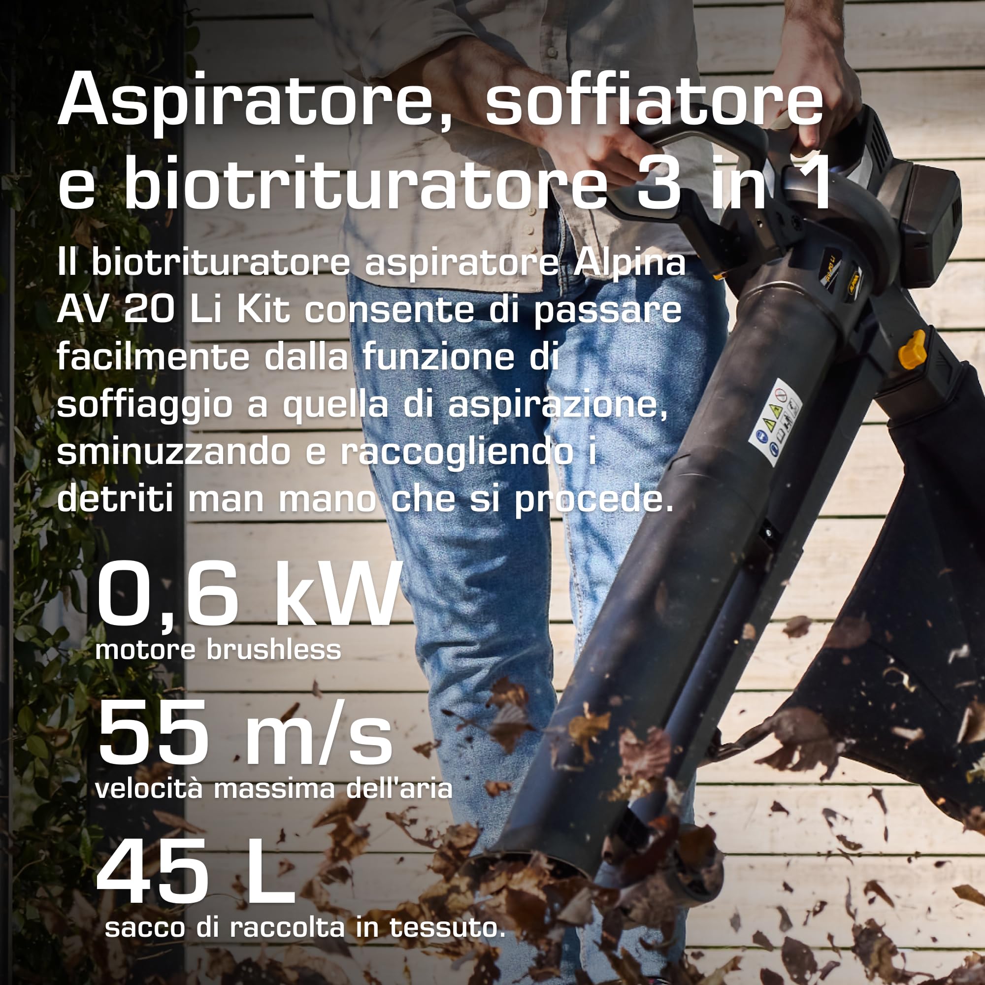 Alpina AV 20 Li Kit Aspiratore-Trituratore A Batteria, 600 W, Sacco 45 l – 2 Batt. 20V 4Ah + Caric., Compatto E Leggero – Ideale Per Giardinaggio