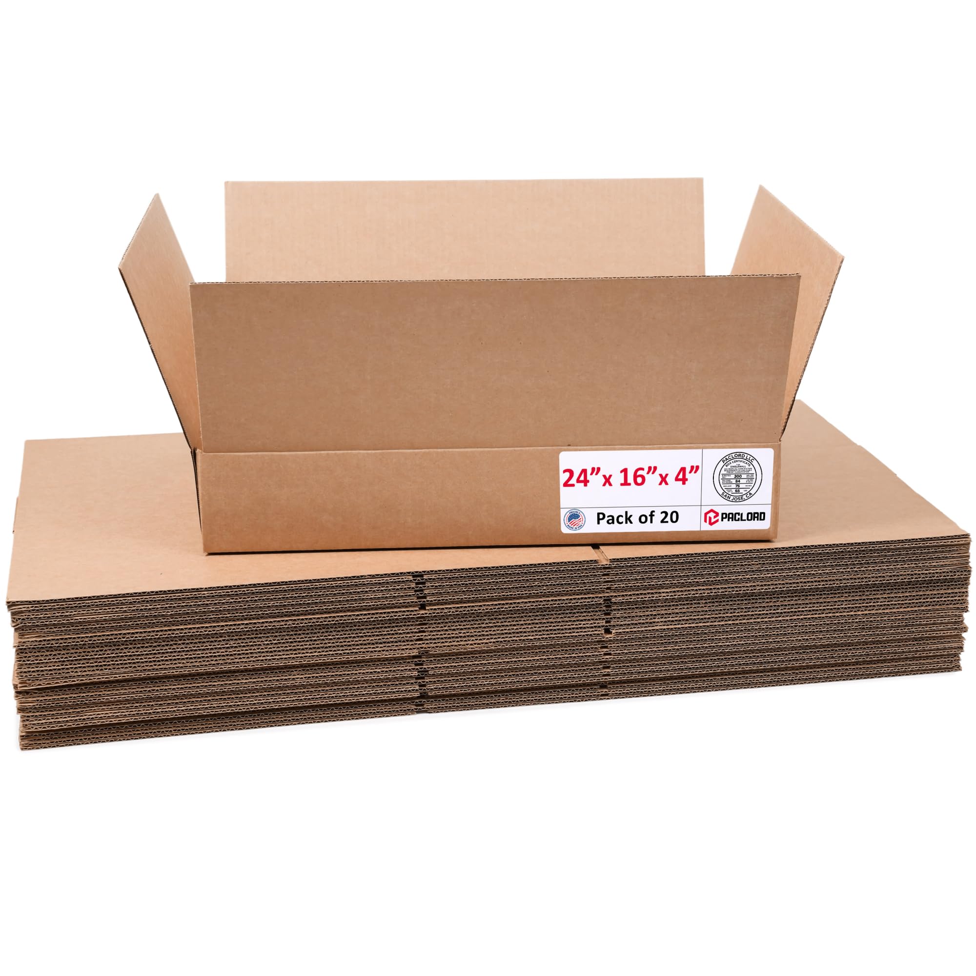 Flat Cardboard Boxes 24"L x 16"W x 4"H (Pack of 20) - USA-Made Packing Boxes for Moving, Shipping, or Storage - USPS, UPS, FedEx Approved - Professional Packing Supplies for Moving | USA-Made Packing Boxes for Moving, Shipping, or Storage - USPS, UPS, FedEx Approved - Professional Packing Supplies