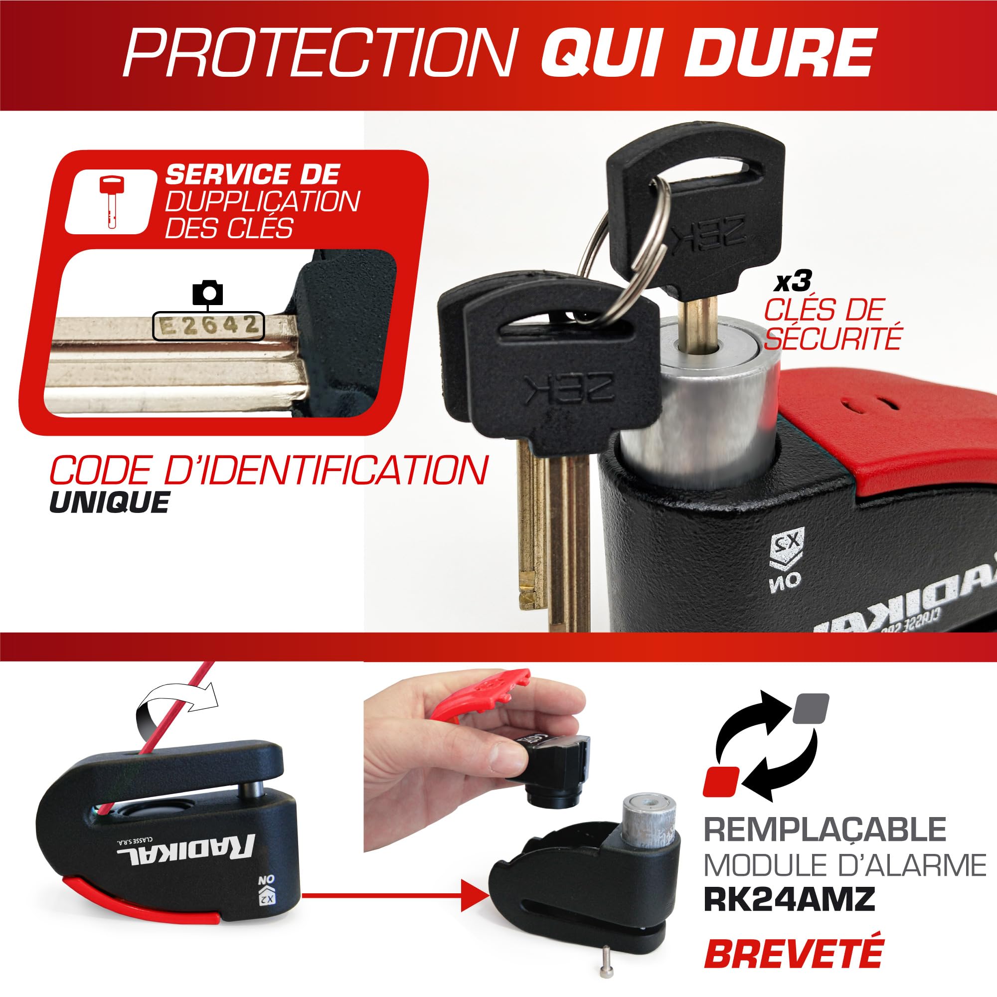 RADIKAL RK15 Antivol Moto Homologué SRA Bloque Disque avec Alarme Premium | Activation au choix, 120 dB, LED Alerte, Warning Pré-Alarme | Bloc Sécurité Double Verrouillage Acier Cémenté 14 mm, Rouge