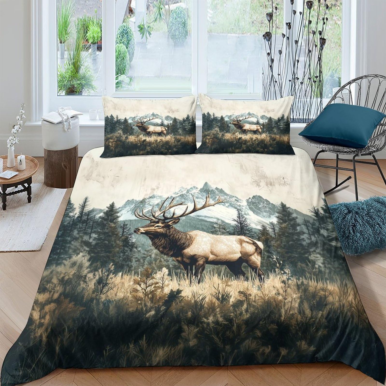 Ctjqhvkz Style-1 3D Printed Forest Elk Fitted Sheet Microfiber Soft Breathable Mountain View Bed Cover For Bedroom Decor Single（135X200cm）