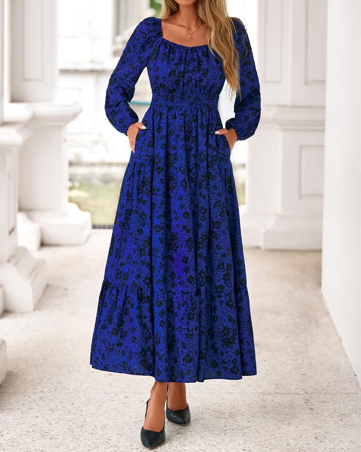 BTFBM Long Sleeve Dress for Women 2026 Spring Fall Boho Floral Square Neck Casual Flowy Long Wedding Guest Maxi Dresses - Image 4