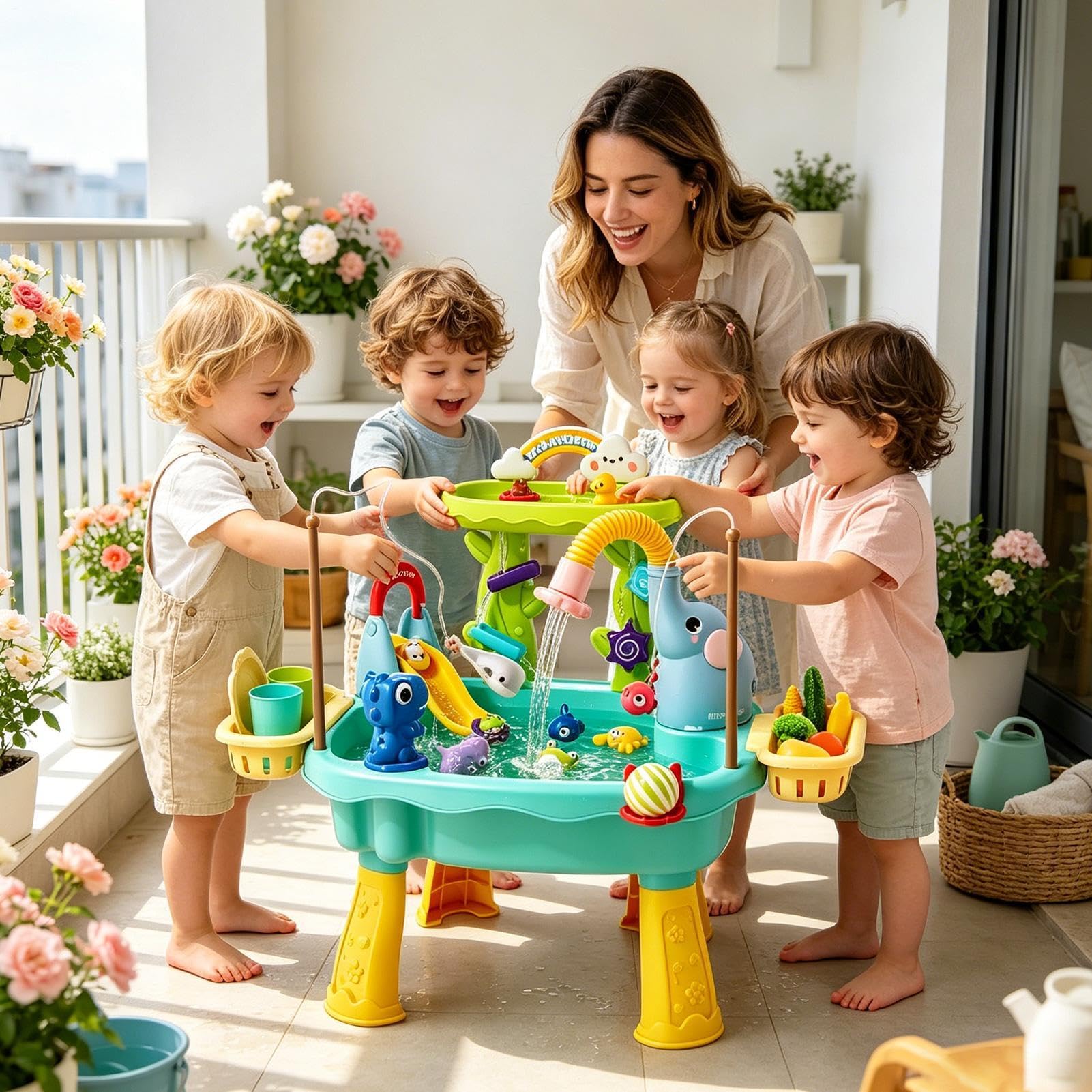Wassertisch für Kinder, Sommerspielzeug mit Elefanten-Design und Angelspiel, Kinderspüle mit fließendem Wasser, Sommer, , Park, Camping, Innenhof, Kindergarten Vorschule, , Mädchen, 4