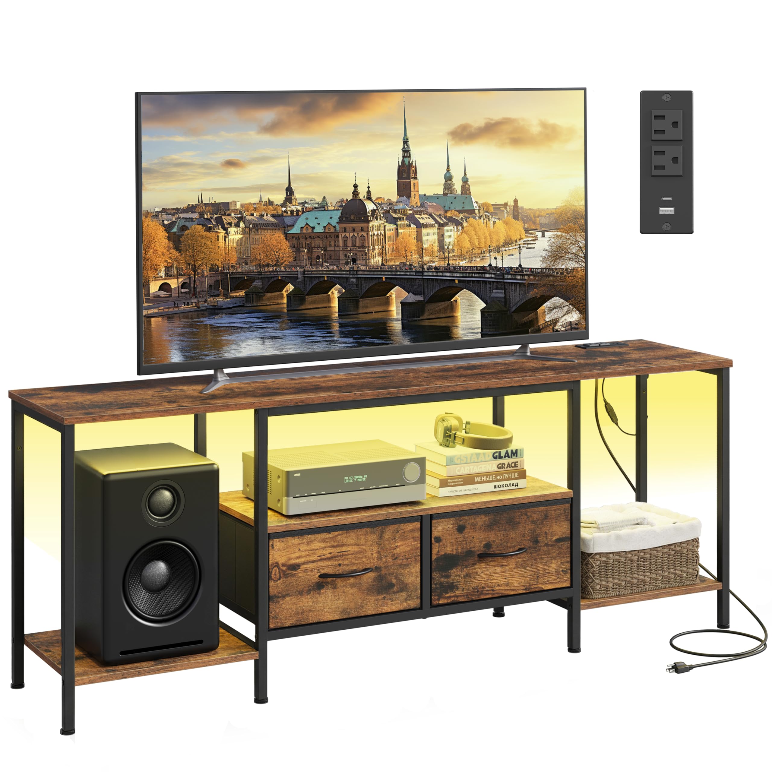 SONGMICS BELLAH Collection - TV Stand with Power Outlets and Lights, Entertainment Center Media Console for TVs Up to 178 cm, Living Room, Shelves, Drawers, Industrial, Rustic Brown ULGS420K101 - 2