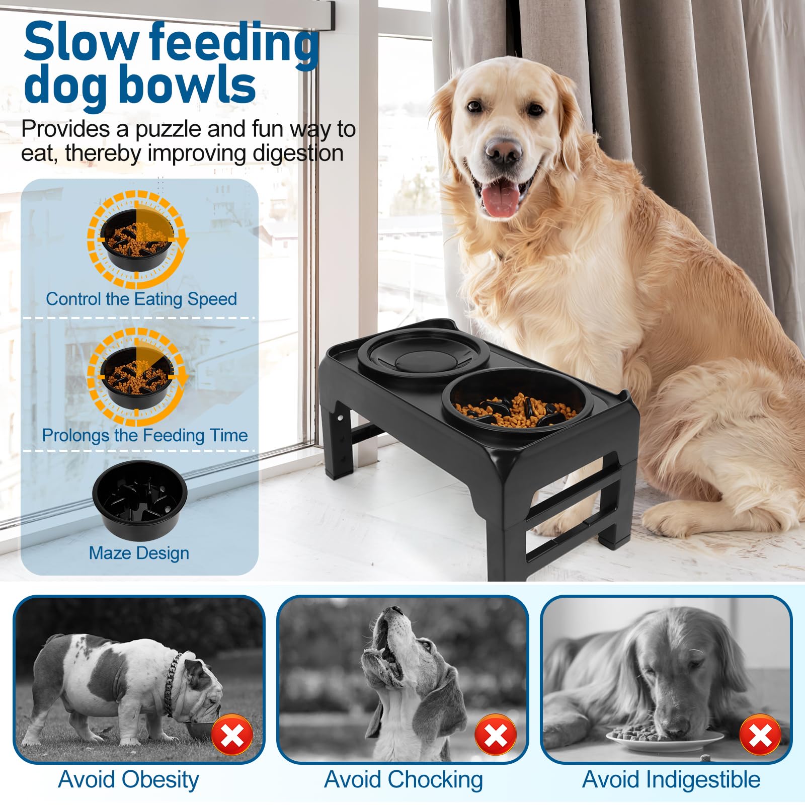ASSC Elevated Dog Bowls, 2-in-1 Dog Bowls with No Spill Water Bowl, 4 Height Adjustable Slow Feeder Dog Bowls, Non-Slip Raised Dog Bowl Stand for Small Medium Large Dogs and Pets