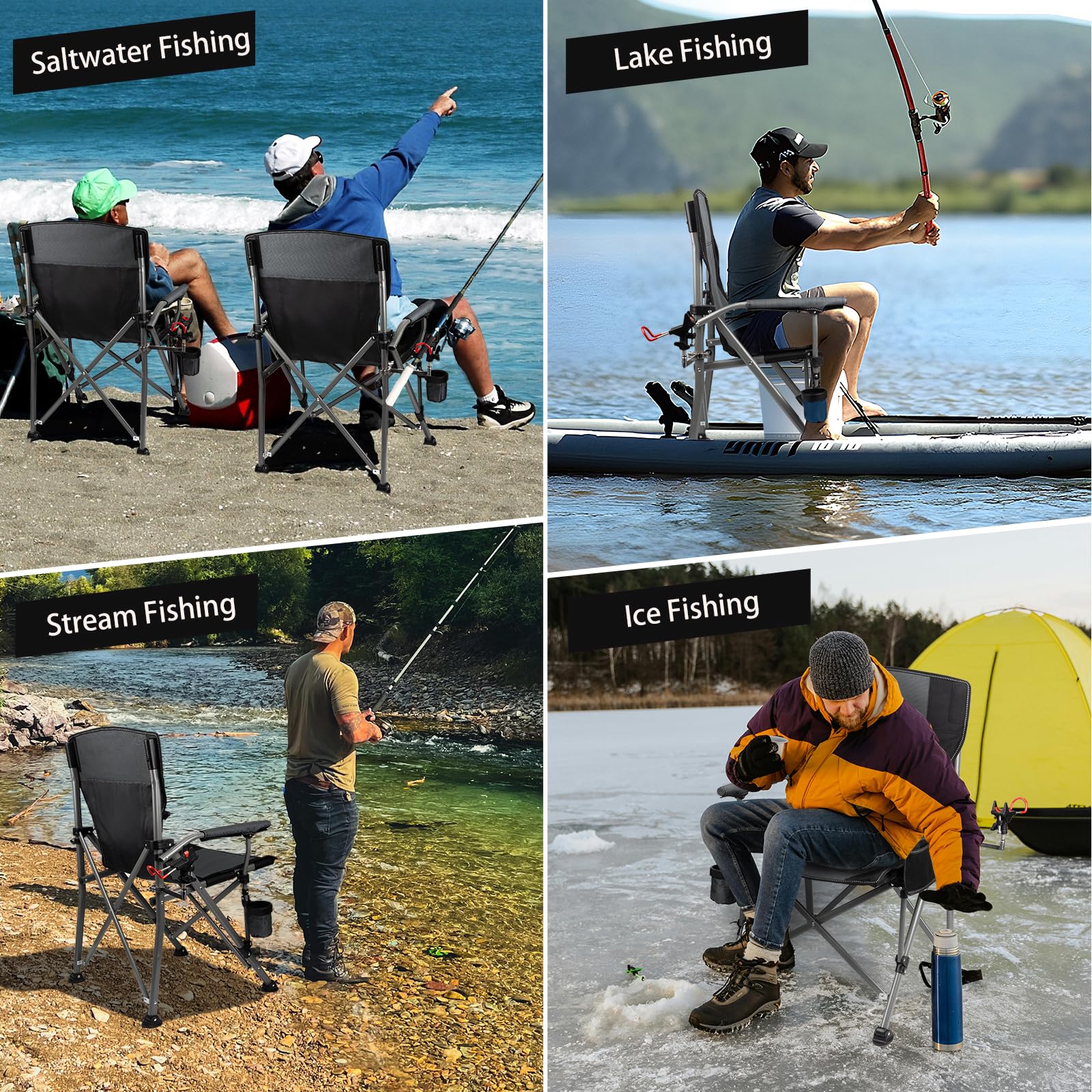 Fishing Chair with Upgraded 360° Adjustable Rod Holder, Folding Ice Fishing Chairs for Adults, Portable Camping Chair with Side Pocket Cup Holder for Outdoor Sports Garden Beach Lawn Picnic