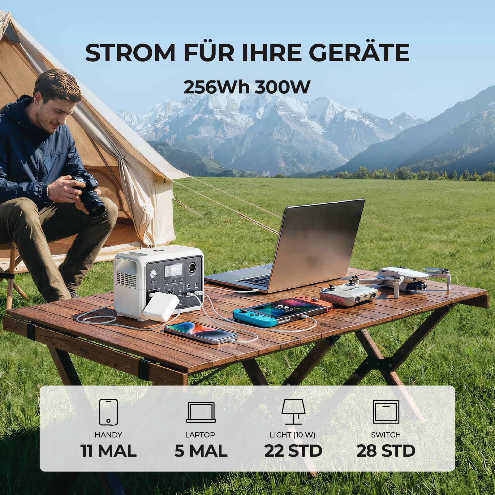 Dyness 300W Tragbares Powerstation, 256Wh AC-Steckdose LiFePO4 Batterie Solargenerator mit 6 Ausgängen & 4 Ladeoptionen, Notstrom für Camping, Wohnmobil, Reisen & Notfall