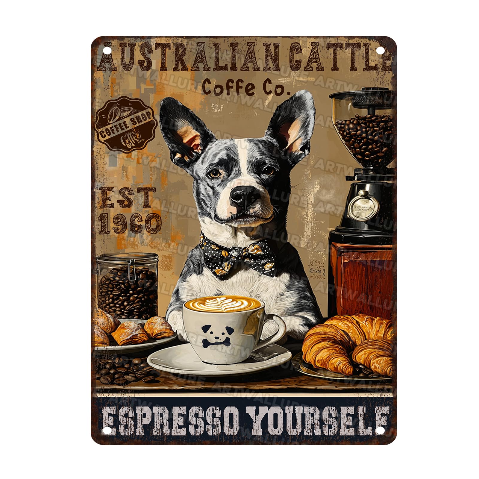 Australian Cattle Dog Coffee Vintage Metal Sign Dog Coffee Wall Decor for Kitchen Cafe Bar Living Room Decoration 12x16inch