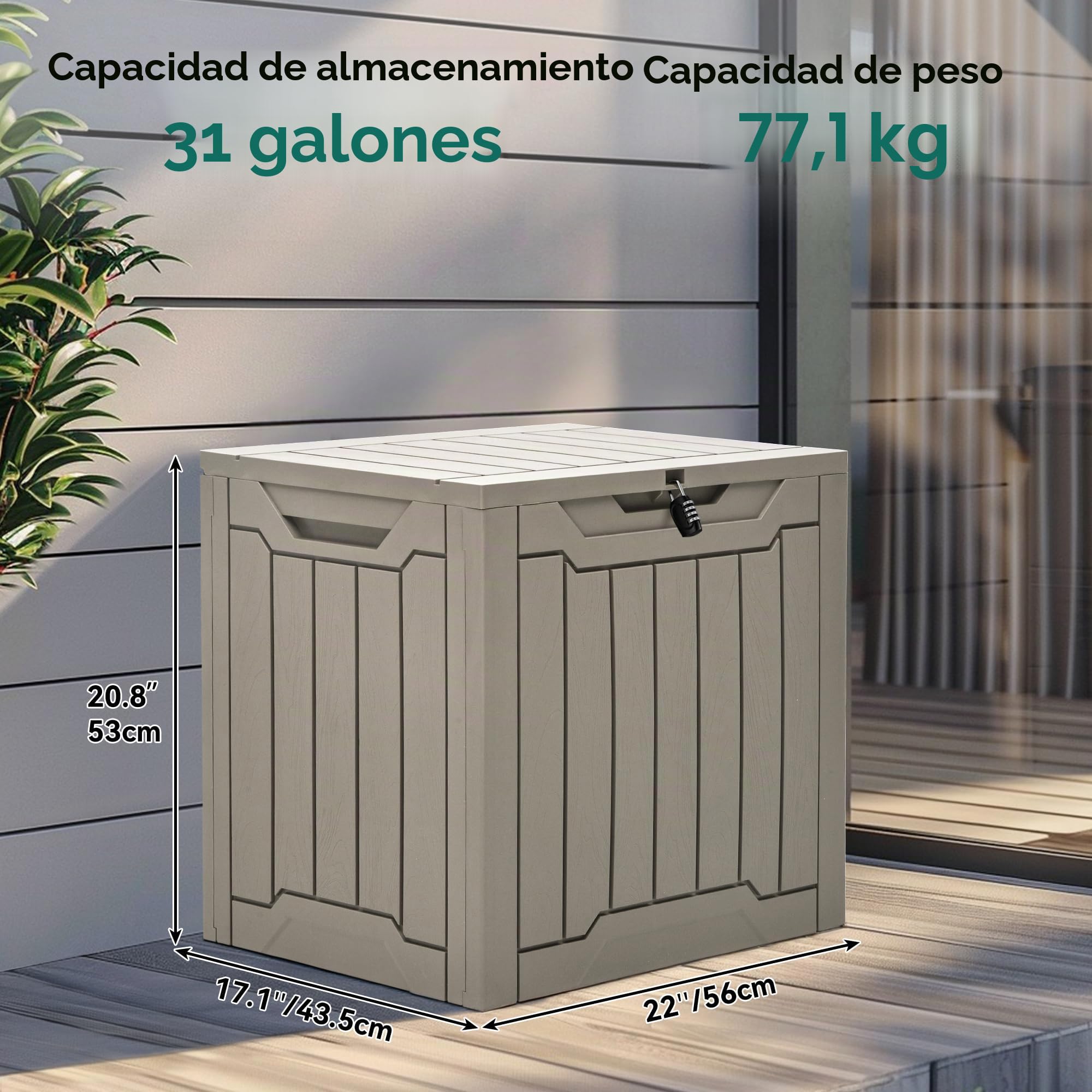 YITAHOME Caja de almacenamiento de resina para exteriores, 31 galones, resistente al agua, caja de almacenamiento para exteriores, para almohadas, equipo de jardín, con cerradura segura, marrón claro