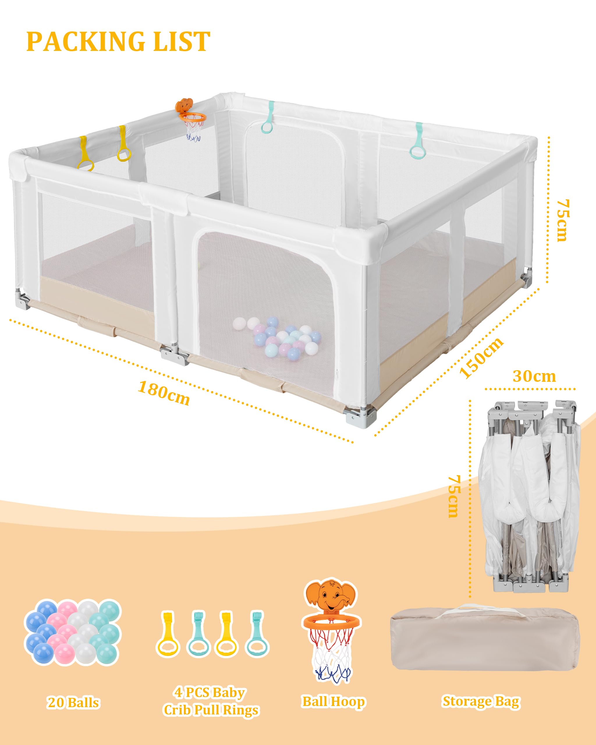 Grand Parc Pliable pour Bebe et Tout-petits:180x150x75cm pour l'intérieur et l'extérieur,Avec 20 Balles Océaniques,1 Panier de Basket,4 Poignées et 1 Sac de Transport - Espace de Jeu Idéal pour Enfant