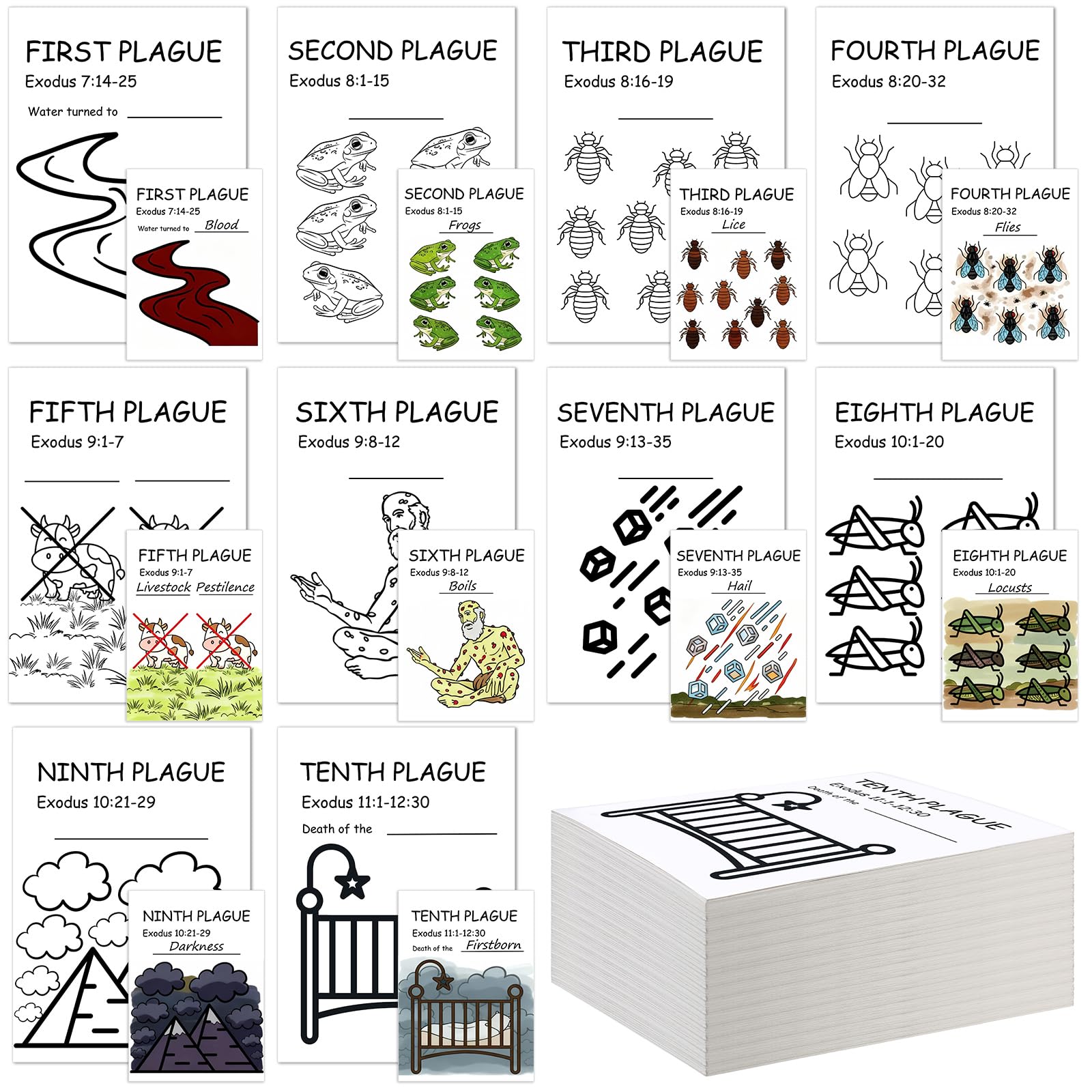 Dix plagues d'Égypte en 30 coloriages : kit de bricolage éducatif aux 10 styles variés