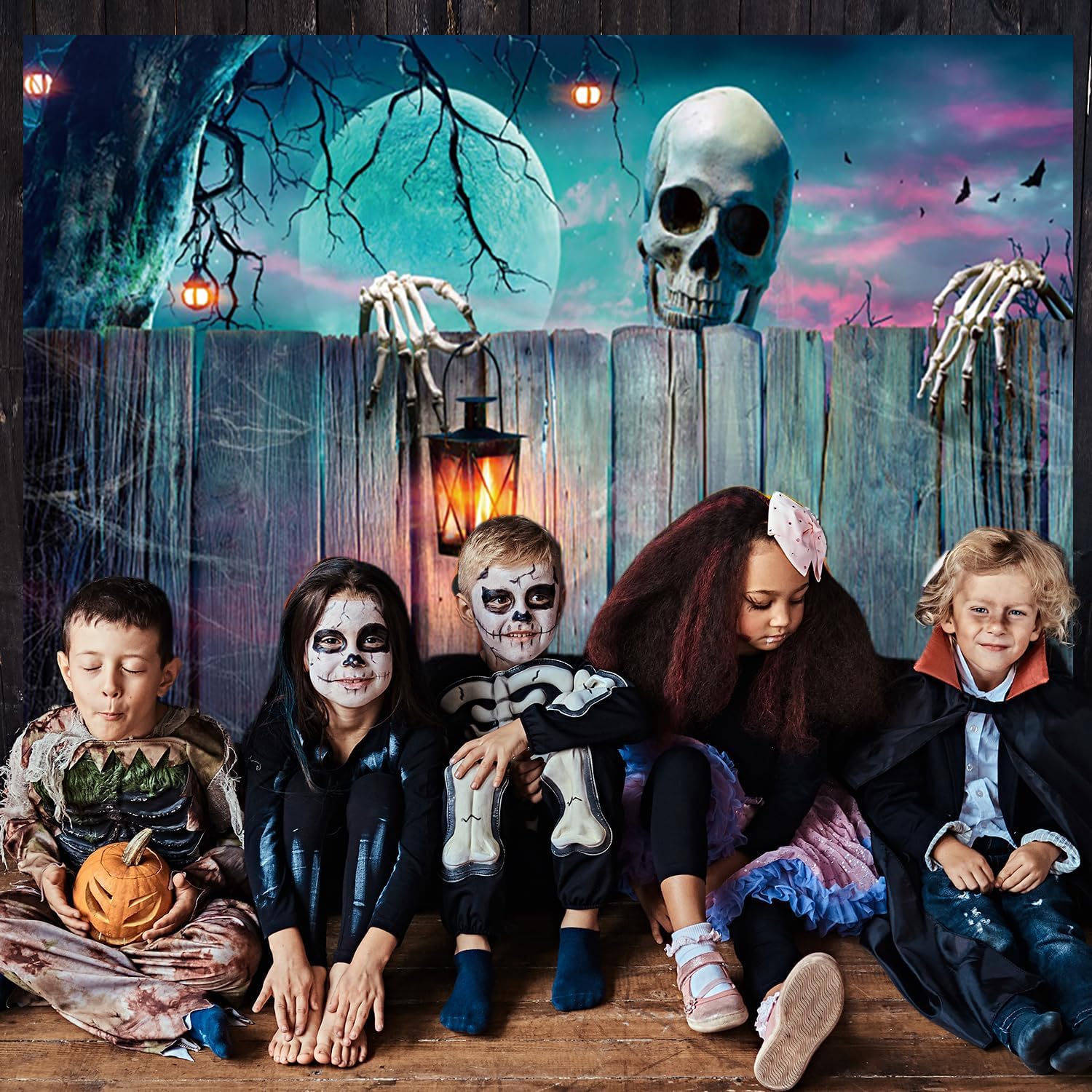Halloween tło księżyc w pełni księżyc w nocy, przerażająca czaszka, szkielet, duch, vintage, drewno, fotografia, tło Halloween, noc, impreza, dekoracja, baner, rekwizyt do zdjęć