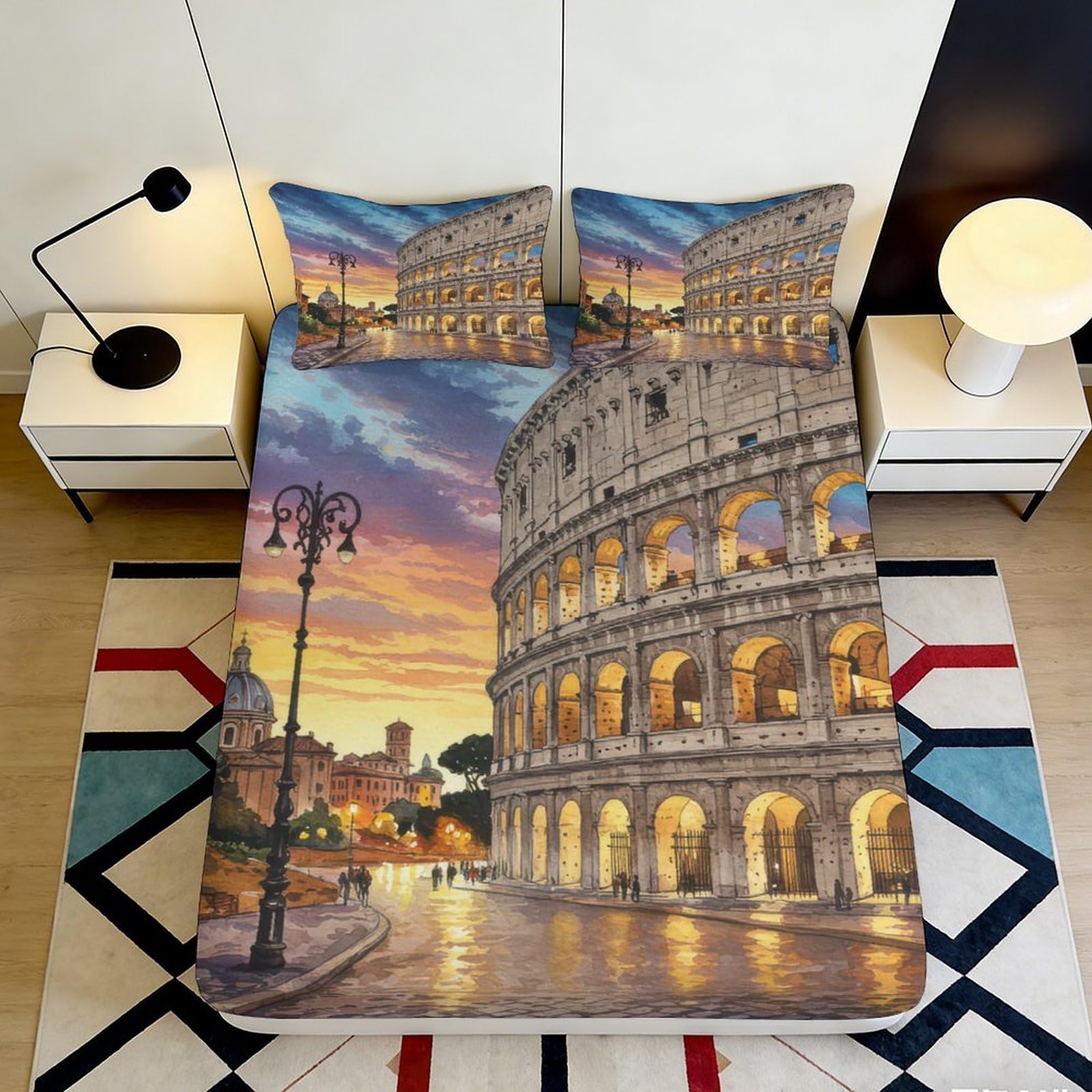 3D Printed Rome Colosseum Fitted Sheet Microfiber Soft Durable Sunset View Bed Cover for Bedroom Dormitory Guest Room Mattress Protection 140x200x25cm