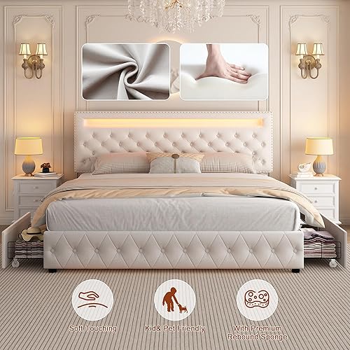 Miniatura 6 de Gegoforu - Base de cama LED Queen con 4 cajones de almacenamiento, plataforma tapizada con control inteligente RGBW luces LED cabecero, aplicación o