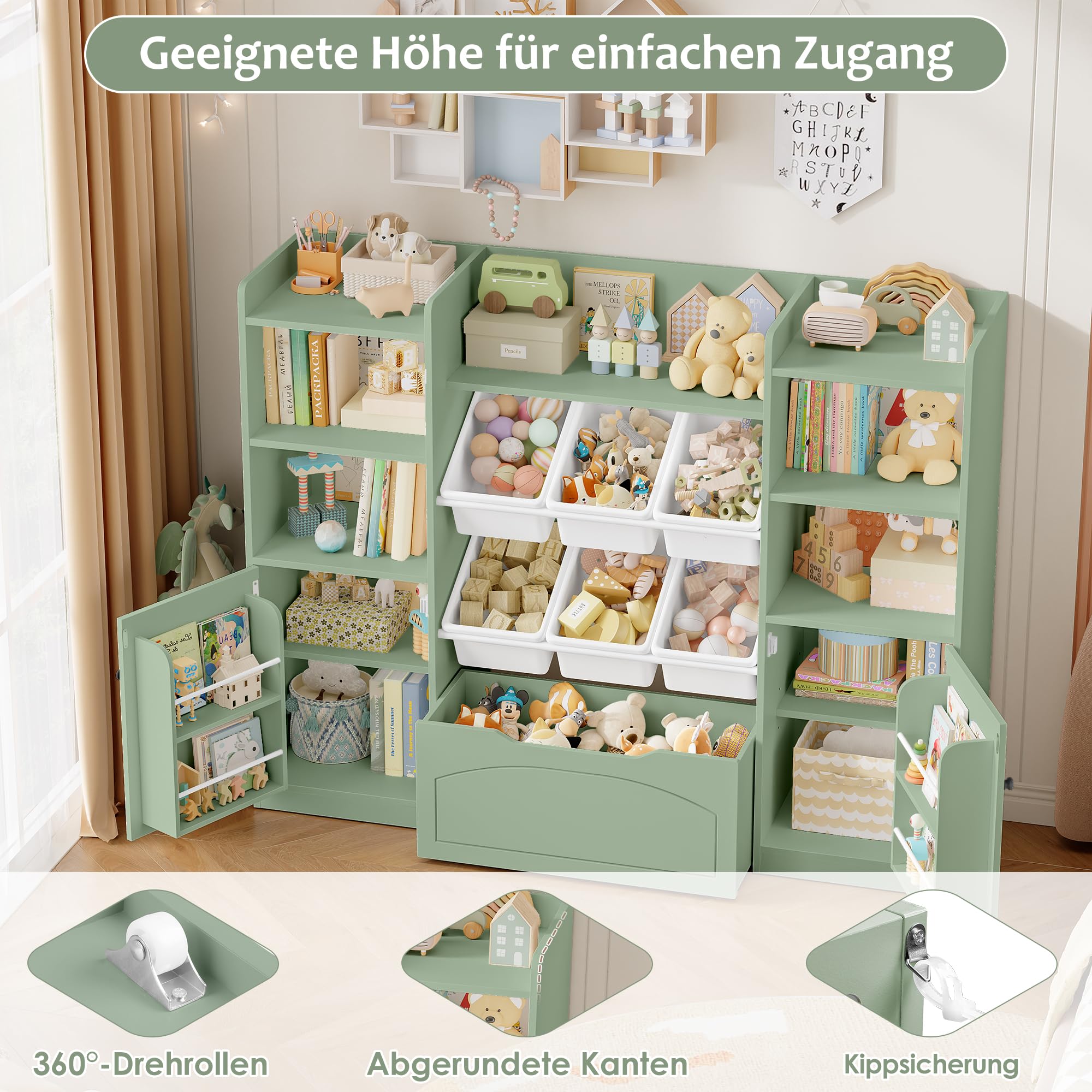 FOREHILL Kinderregal mit 6 Boxen Kinderzimmer Möbel mit Kinderbücherregal Spielzeugregal aus Holz Spielzeug Organizer mit Aufbewahrungsbox Regal für Kinderzimmer 140,5x33x108,2 cm