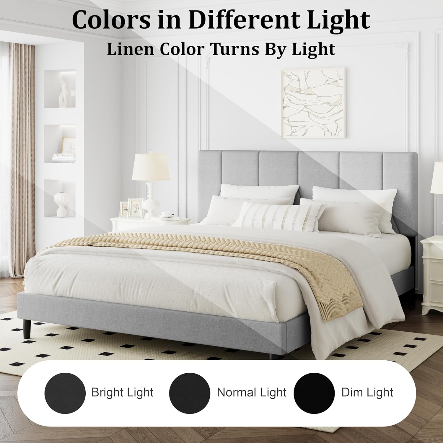 Queen Bed Frame, Padded Platform Bed Frame with Fabric Headboard, Vertical Quilted Design, Sturdy Slatted Mattress Base, No Spring Mattress Required, Easy to Assemble, Light Gray
