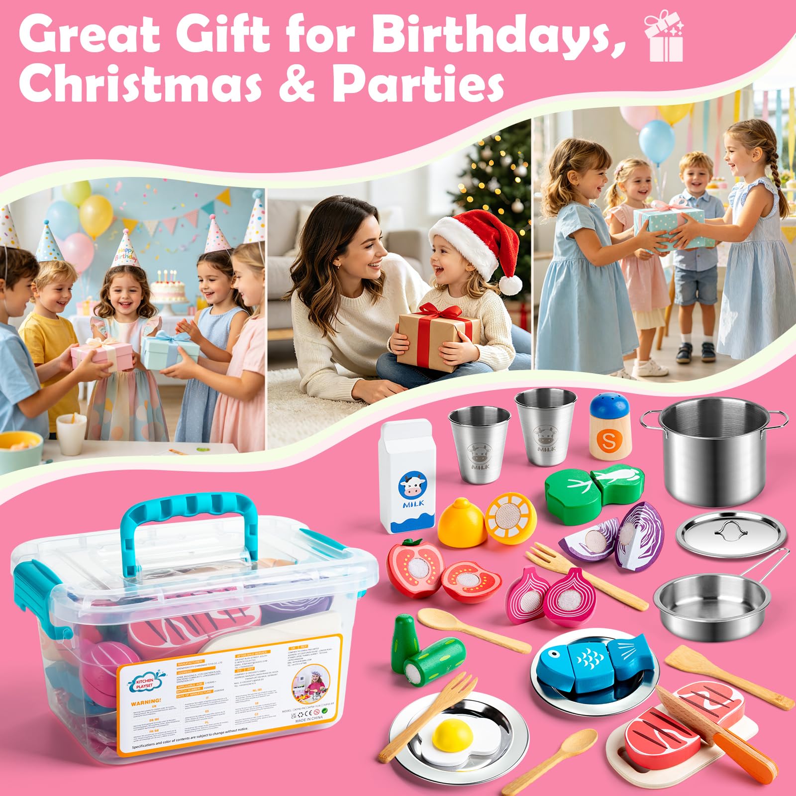 Sundaymot Juguetes de Cocina para niños Accesorios, juego de ollas y sartenes, utensilios de cocina, juego de chef para cortar alimentos verduras, juego de rol para niños mayores de 3 años
