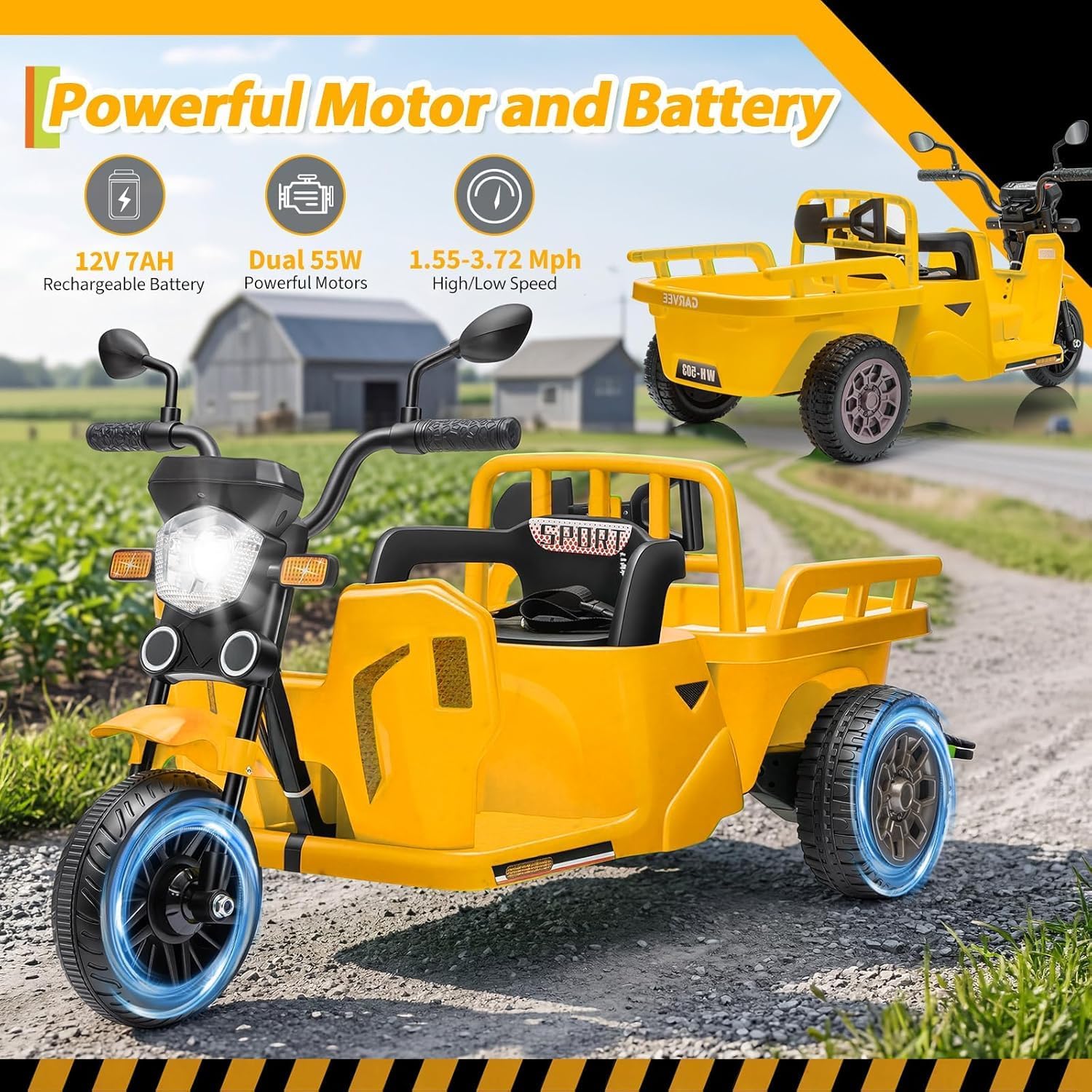 Garvee 12V Kids Tractor w/Trailer, Dump, Music, LED, 3-6KM/H | Atmungsaktives Material