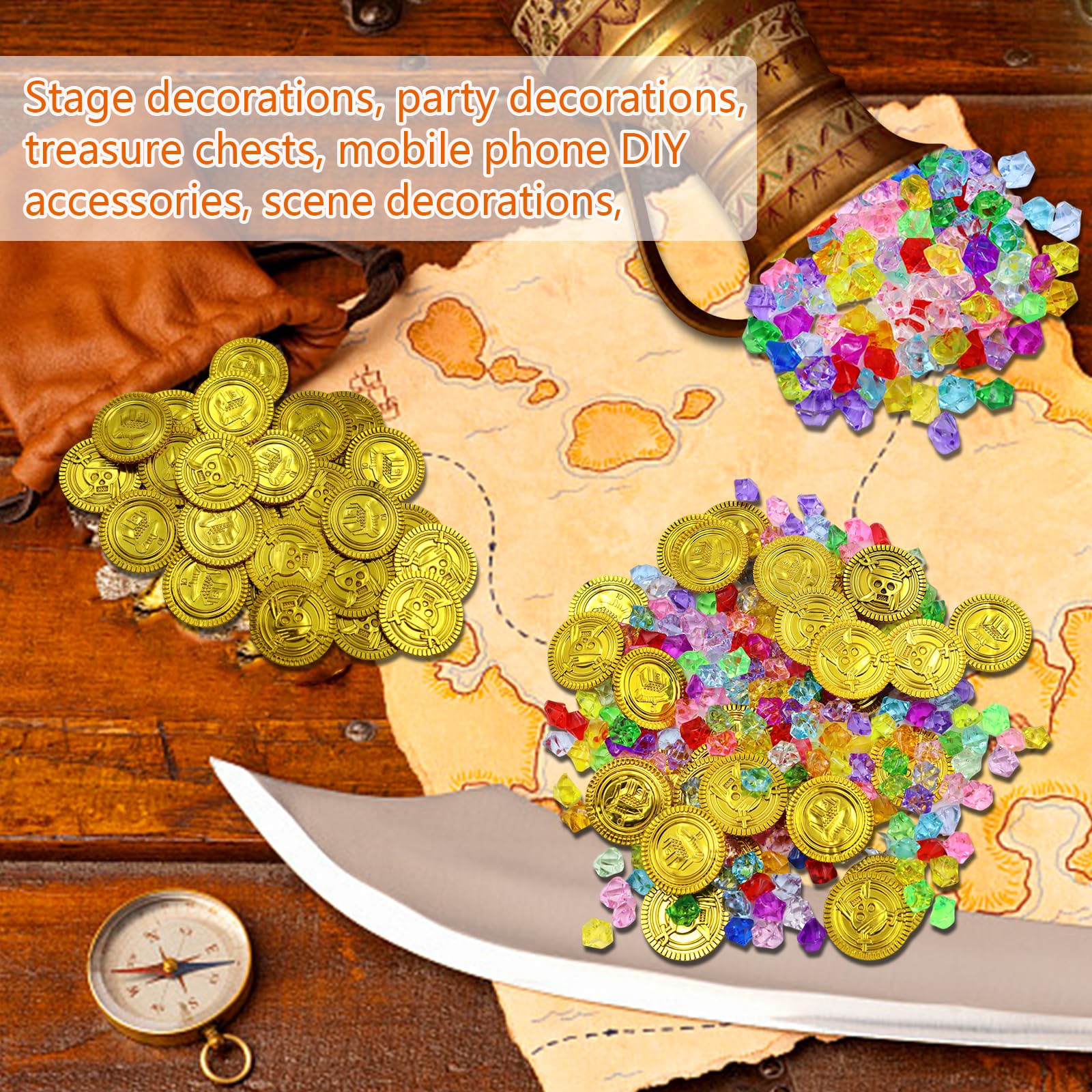 Piratenschatz Set Mit 200 Teilen - Goldmünzen & Edelsteine Für Schatzsuche