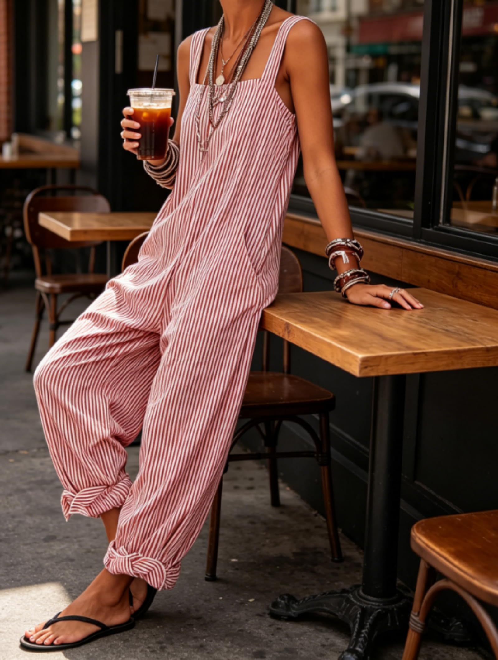 Generico Tuta intera da donna a righe, vestibilità ampia, scollo quadrato, senza maniche, stile minimalista, gamba larga e tasche – Romper estivo casual (Pink,3X-Large)