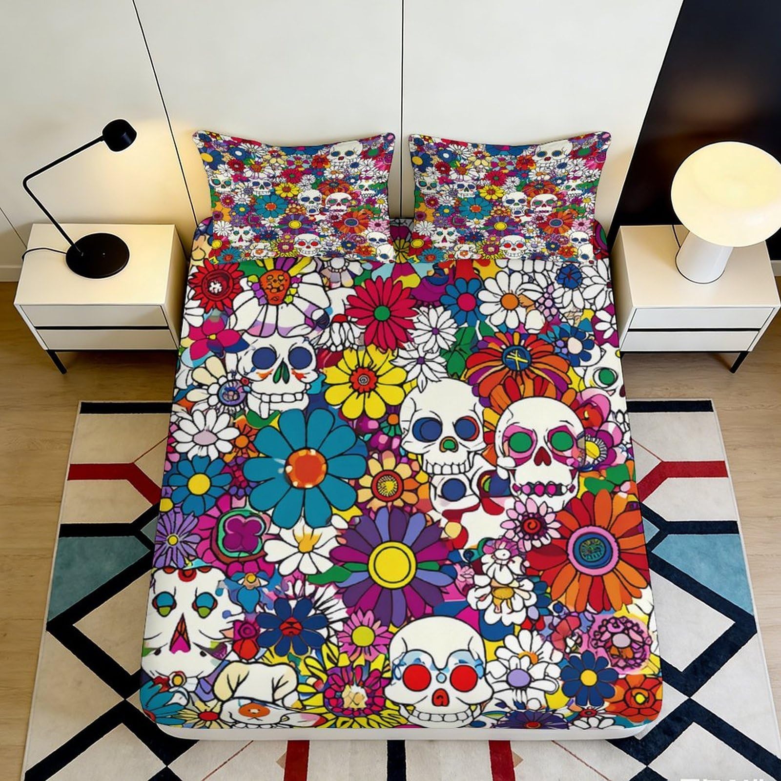 3D Printed vibrant skull floral Fitted Sheet Microfiber soft touch decor, wrinkle resistant, apartment bedding, bedroom, guest room 90x200x25cm