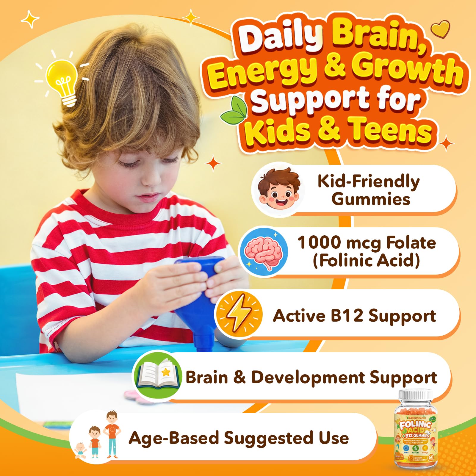 Folinic Acid Gummies for Kids, 1000mcg Folinic Acid + B12, Orange Flavor — Amazon image 2