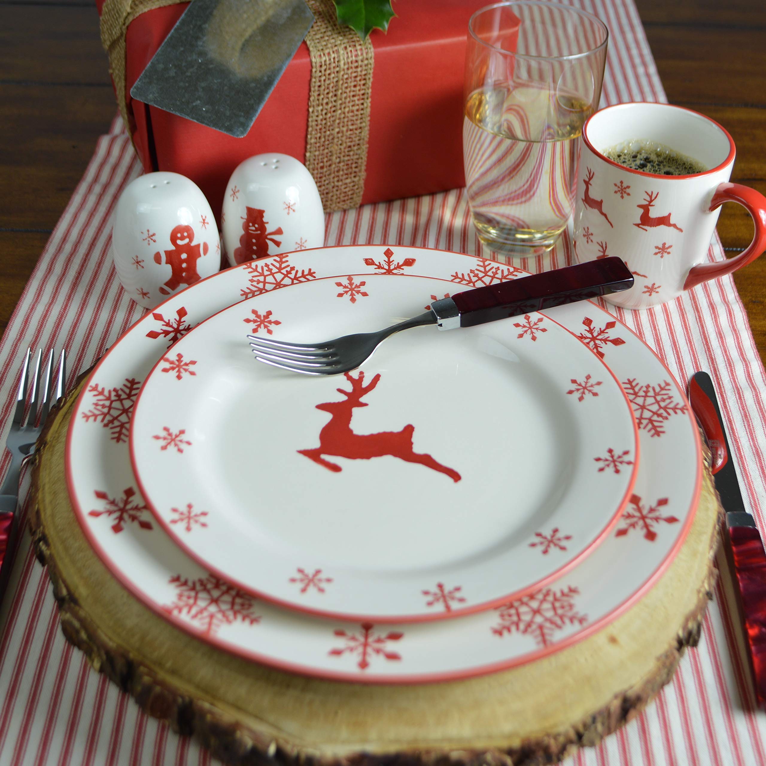 Euro Ceramica Winterfest Collection Festive Ceramic Tableware Necessities, 4 Piece Completer Set, Assorted Hand-Stamped Holiday Designs, Red & White