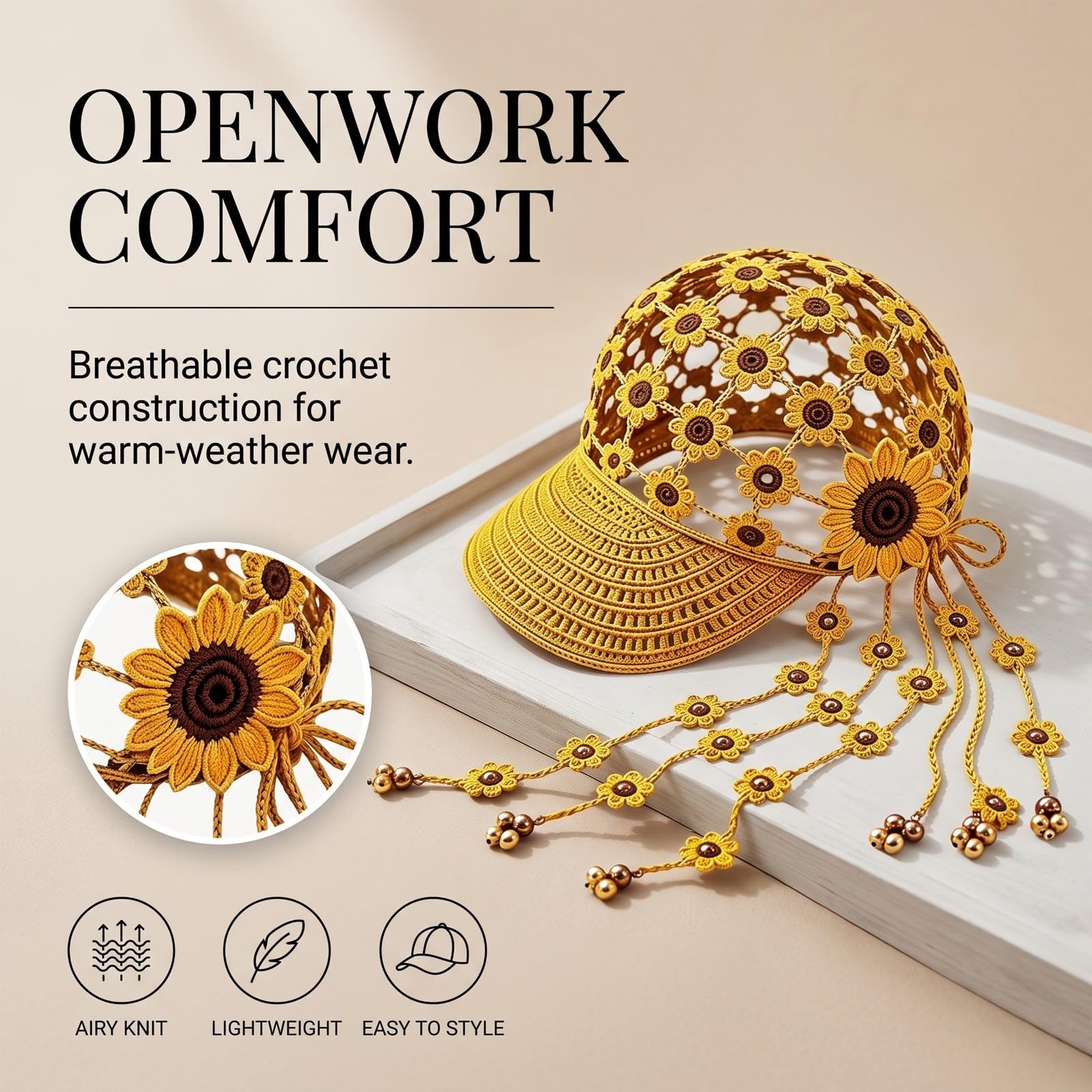 Gorra béisbol ahuecada girasol punto, sombrero sol bohemio transpirable