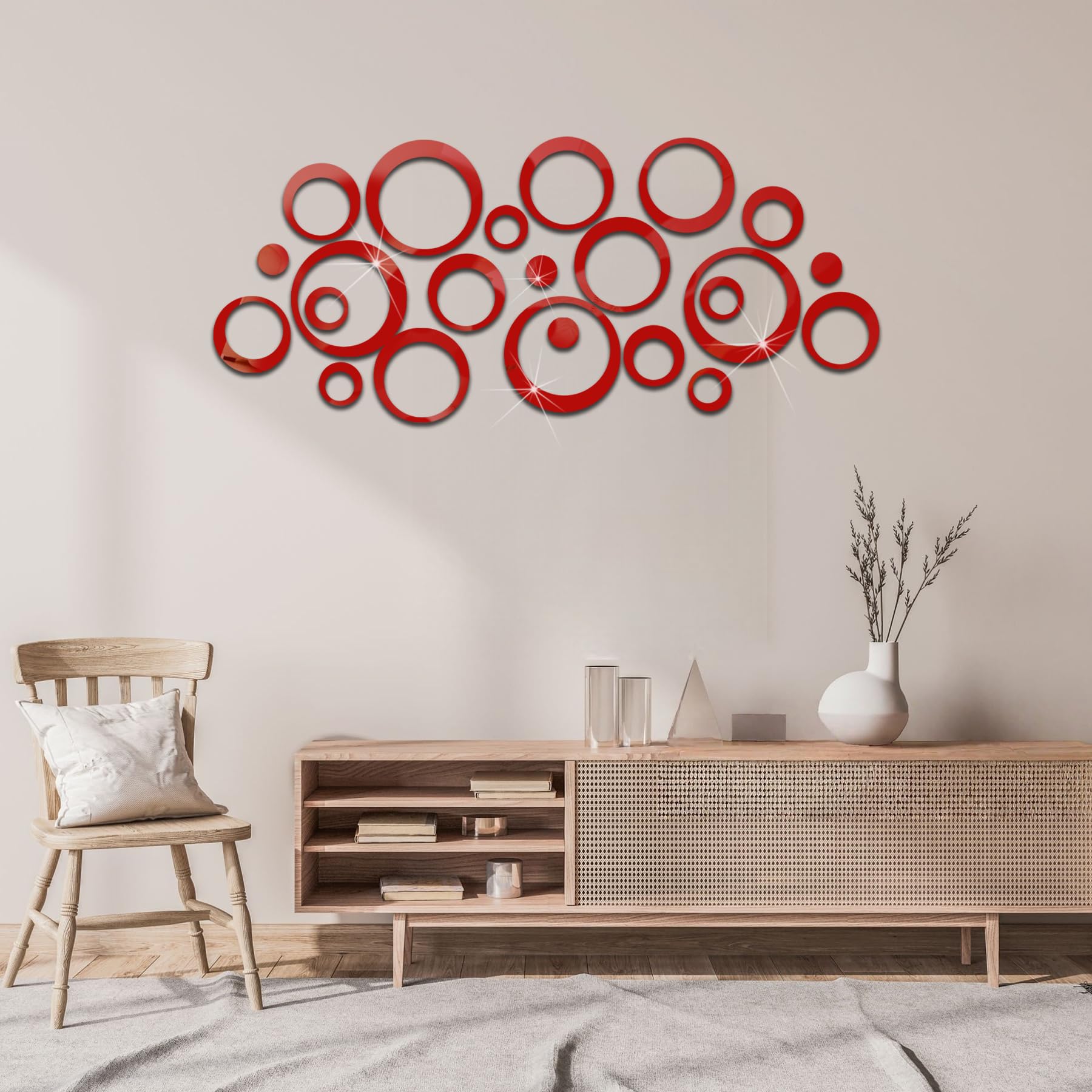 Adesivi Murali Specchio Acrilico Rosso 3D – 24 Pezzi Cerchi Decorativi da Parete, Specchi Adesivi Rotondi DIY per Soggiorno, Camera da Letto, Bagno e Decorazione Casa - 3