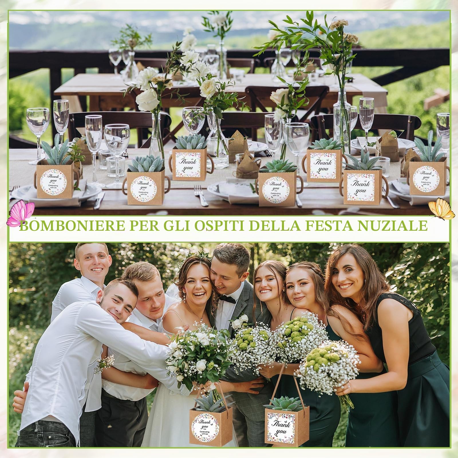 Faccito Set di 60 Sacchetti Regalo per Piante Succulente con Adesivi di Fiori Selvatici, Scatola Regalo per Piante in Carta Kraft con Manici, Adatta per Vasi da 6,35 cm, Ideale per Doccia di Benessere