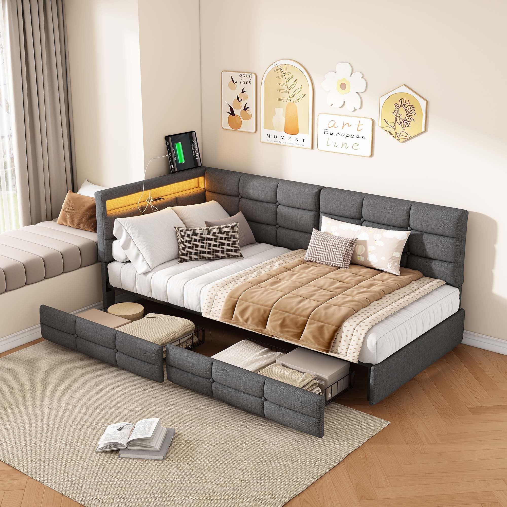Łóżko dzienne, sofa z funkcją spania, 90 x 200 cm, pojedyncze z 2 szufladami, schowek LED i ładowanie