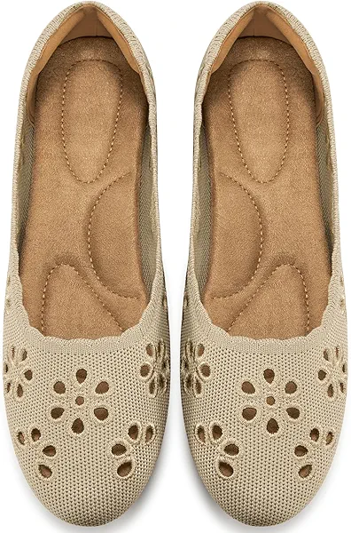 HARENCE Ballet Flats Shoes for Women: Comfortable Round Toe Summer Work Office Flat Slip on Walking Dress Shoes with Breathable Floral Eyelets