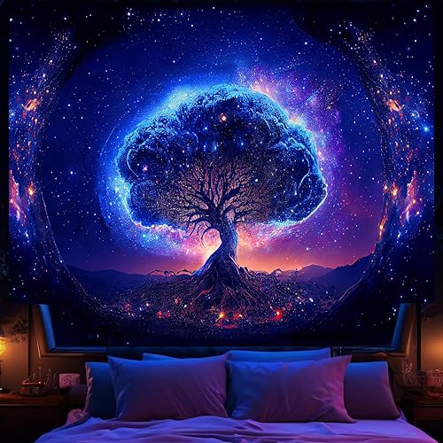 Miniatura 1 de Avinyl Tapiz de árbol de luz negra y espacio para dormitorio, 60 x 79 pulgadas, tapiz grande de árbol de la vida con luz negra para niña, decoración