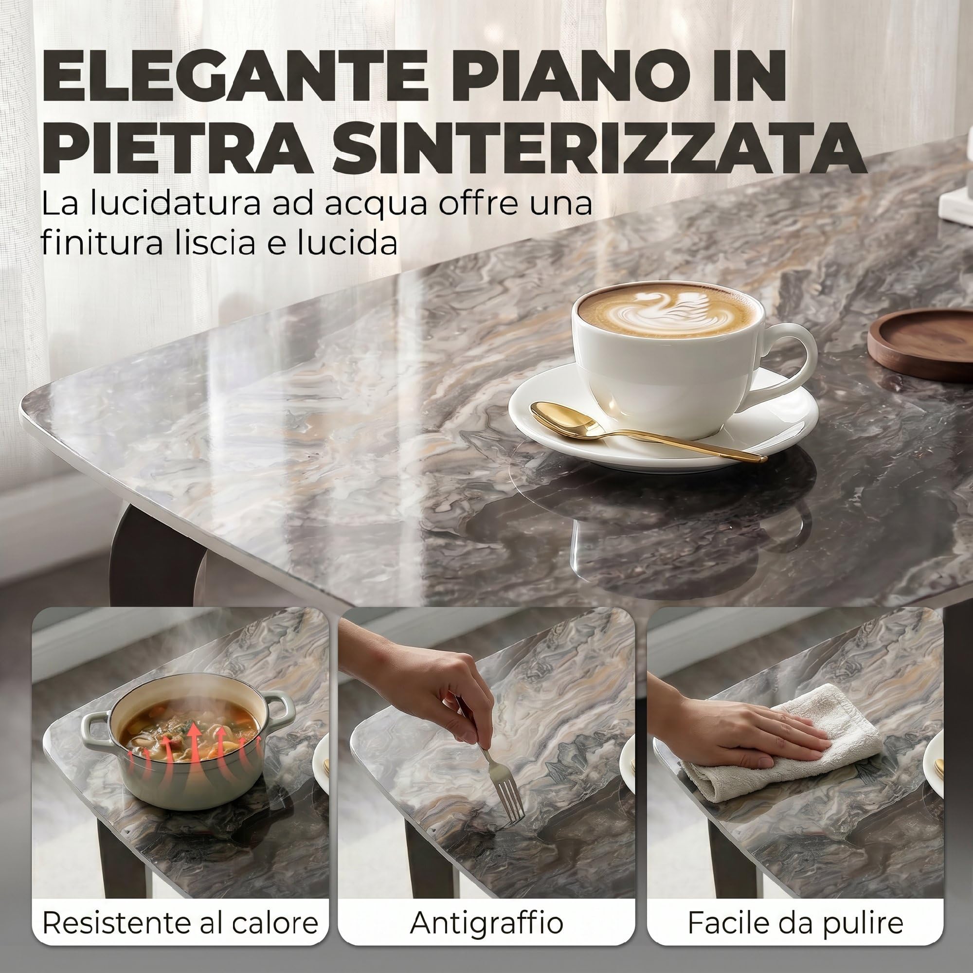 HOMCOM Tavolo da Pranzo per 4 Persone, Tavolo Cucina 130x70x75 cm con Piano in Pietra Sinterizzata e Gambe in Metallo, Tavolino da Soggiorno Sala da Pranzo, Marrone