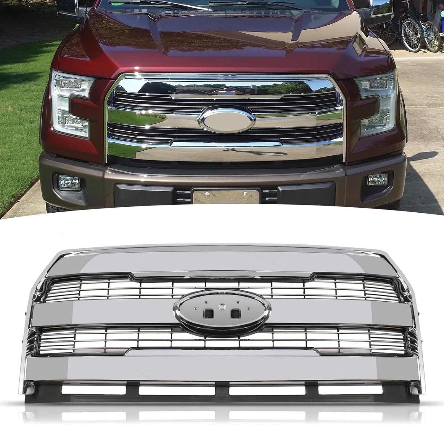 Front Bumper Grille Compatible with 2015-2017 Ford F150 F-150 Upper Hood Mesh Grill ABS Plastic (Chrome)