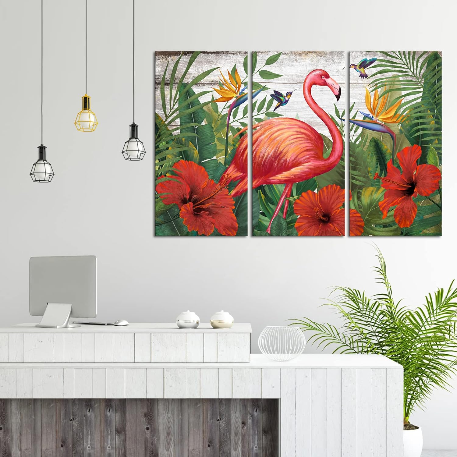 Red Tropical Paintings on Canvas Set of 3 Hibiscus Flamingo and Green Palm Leaves Picture Large Rustic Hawaii Artwork for Living Room Bedroom Wall Decor Ready to Hang 16"x32"x3pcs