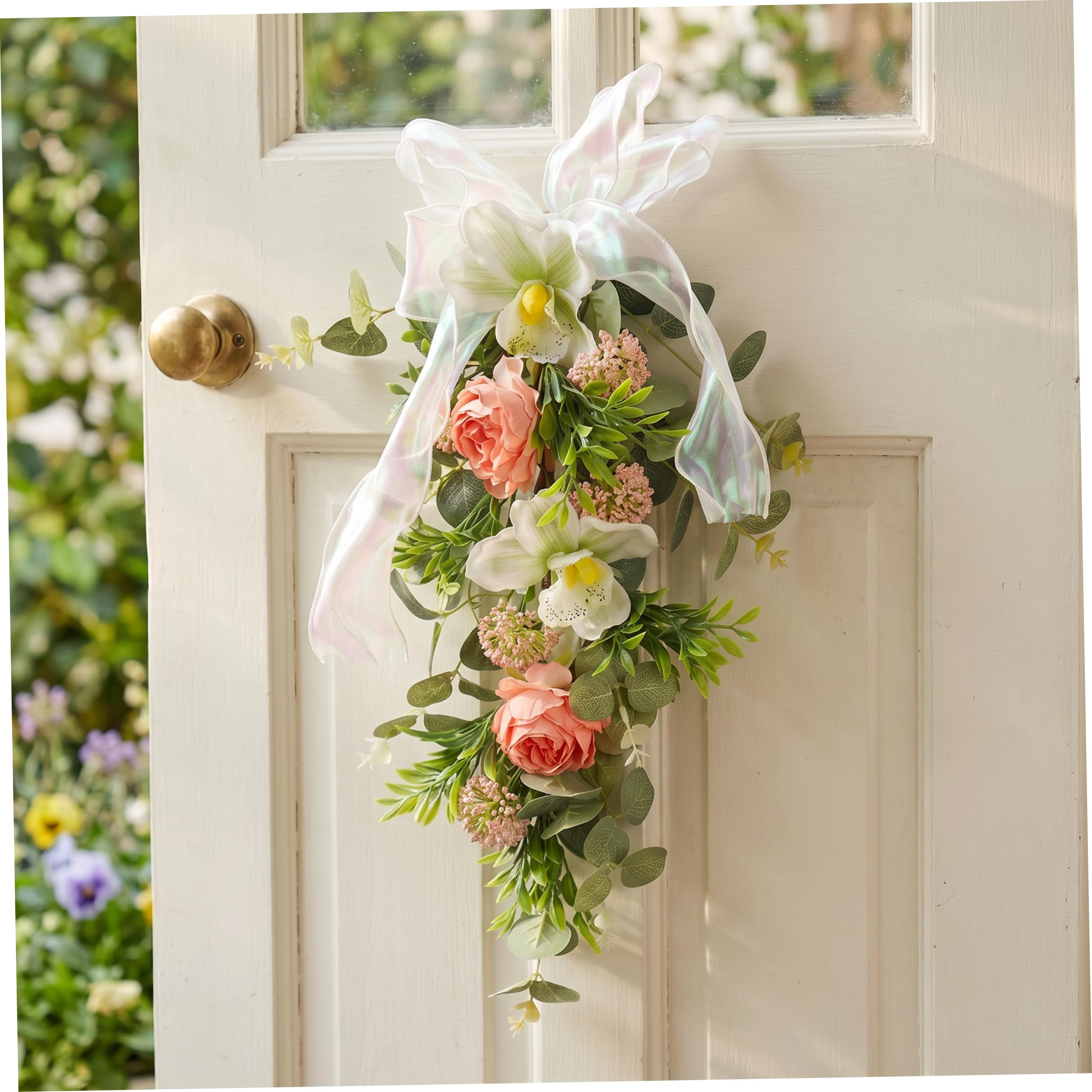 Faticenic Teardrop Wreath, Fresh Floral Design Door Wreath with Lily & Camellia & Ribbon, Hanging Wall & Entryway Decor, 20 inch, Teardrop, Wreaths For Front Door