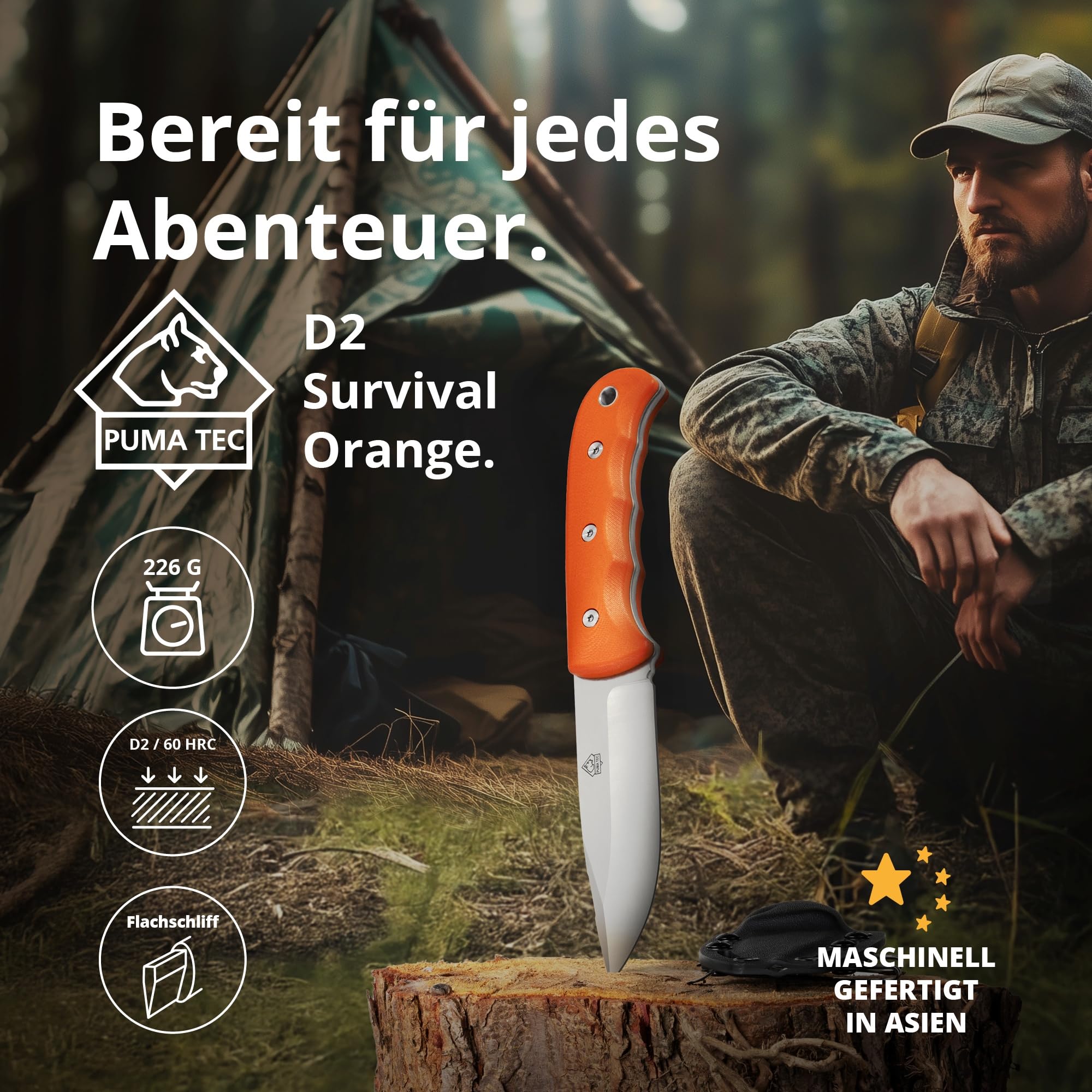 PUMA TEC – Survival D2 Knife – Orange – Feststehendes Full-Tang-Outdoormesser – D2-Stahl (60 HRC) mit edlem Satin-Finish & G10-Griff – inkl. passender Kydex-Scheide mit Steel-Clips