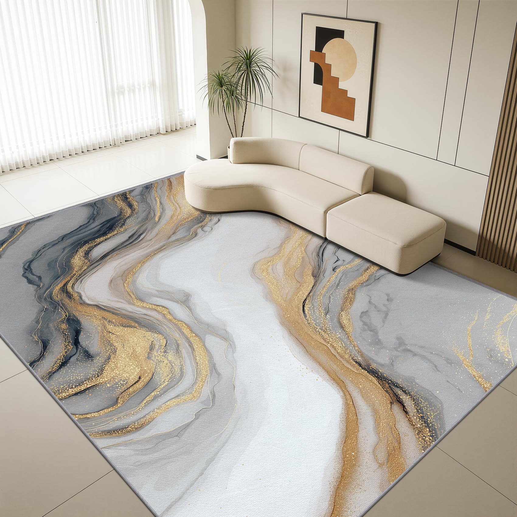 Mistela Grau Gold Marmor Teppich 160x230 cm – Moderne Abstrakte Luxus Waschbarer Rutschfester Kurzflor Teppich für Wohnzimmer Schlafzimmer Esszimmer Büro Eingang in Grau Gold