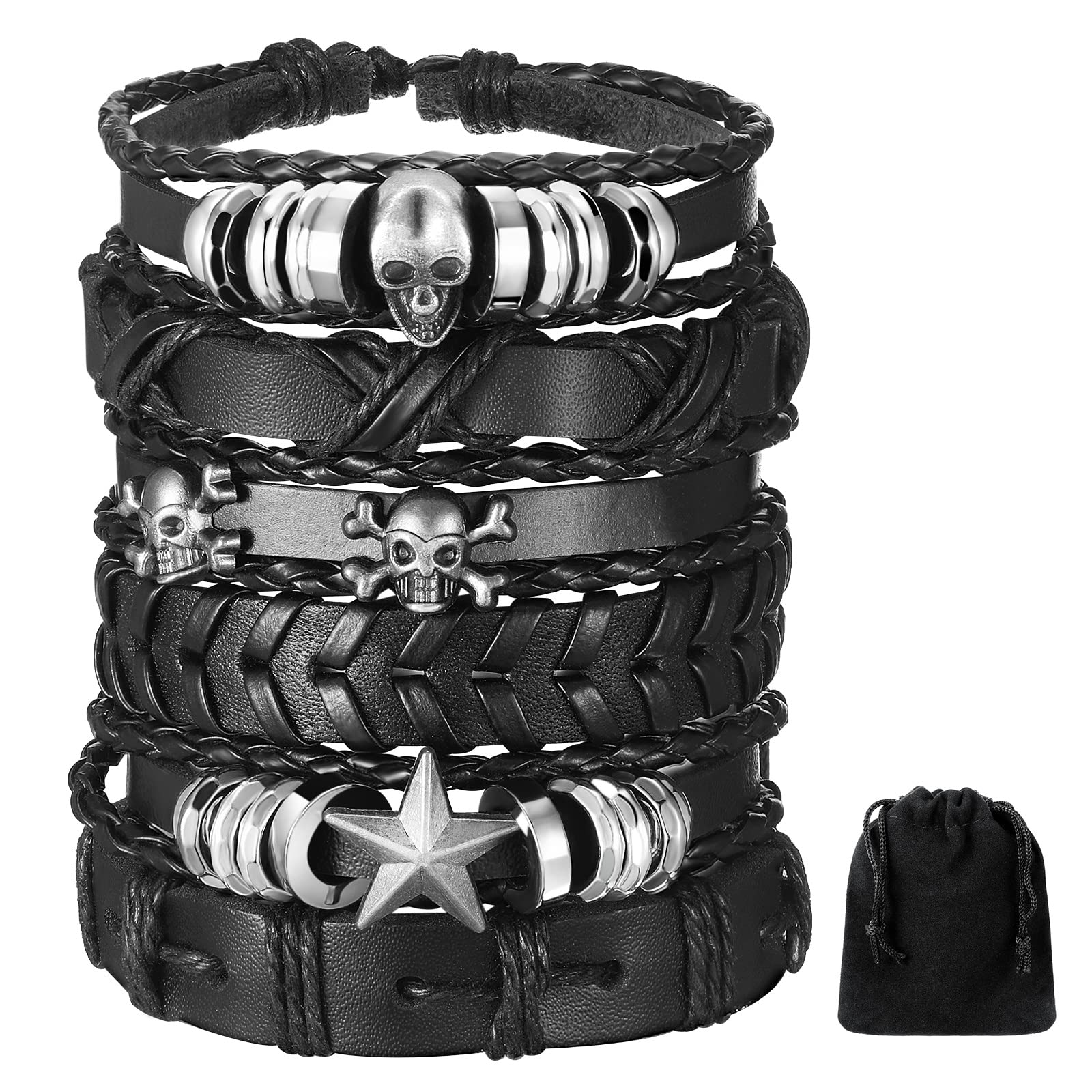 BBTO6 Pcs Halloween Leather Bracelet for Men Women Black Adjustable Bracelet for Party