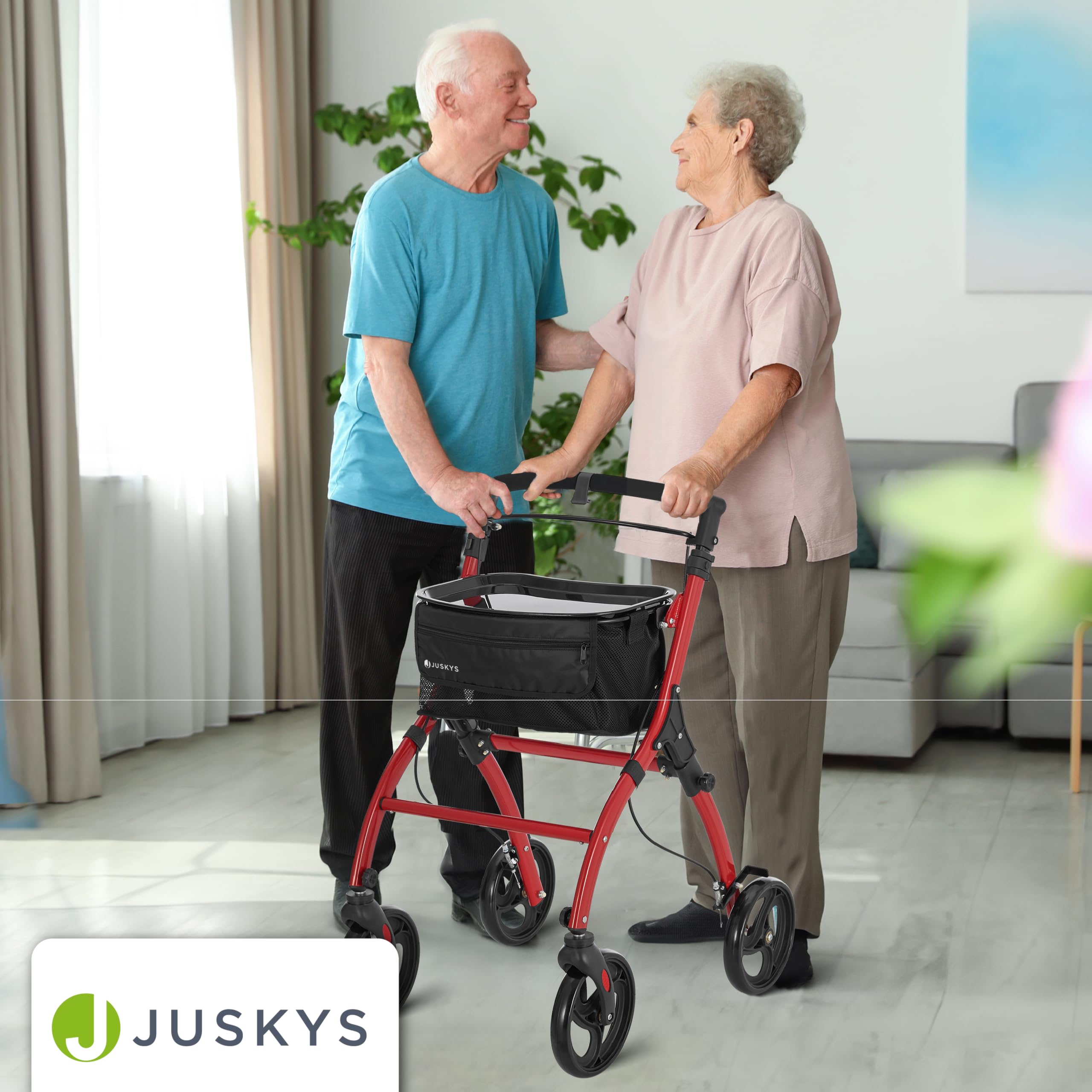 Juskys Deambulatore da Interno in Alluminio con Vassoio & Borsa - Rollator Leggero, Stretto & Pieghevole - Rosso