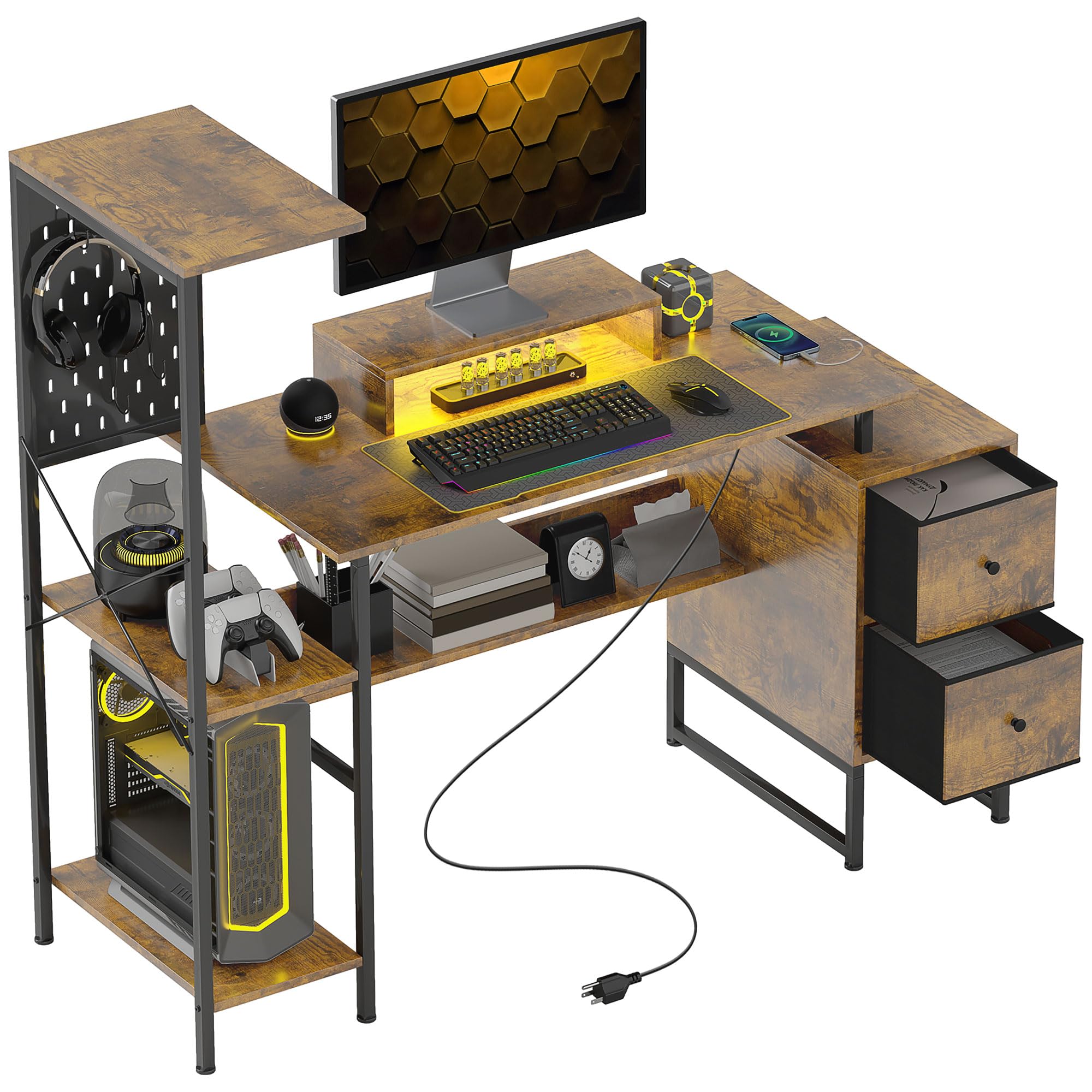 HOMCOM Escritorio Industrial Mesa Escritorio con Luces LED Estación de Carga Soporte para Monitor Control Remoto y Tablero Perforado para Oficina Estudio 142x50x126,5 cm Marrón Rústico