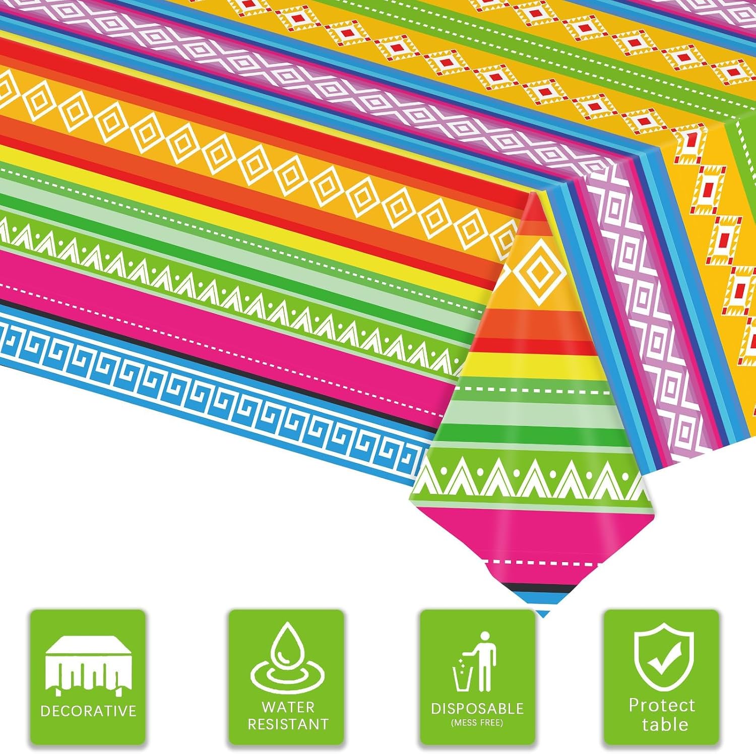 3-Piece 54 x 108 Inch Fiesta Plastic Tablecloth – Colorful Mexican Serape Stripe Disposable Rectangle Table Covers for Cinco de Mayo, Taco Nights, Birthday Parties, and Fiesta Decorations image 2