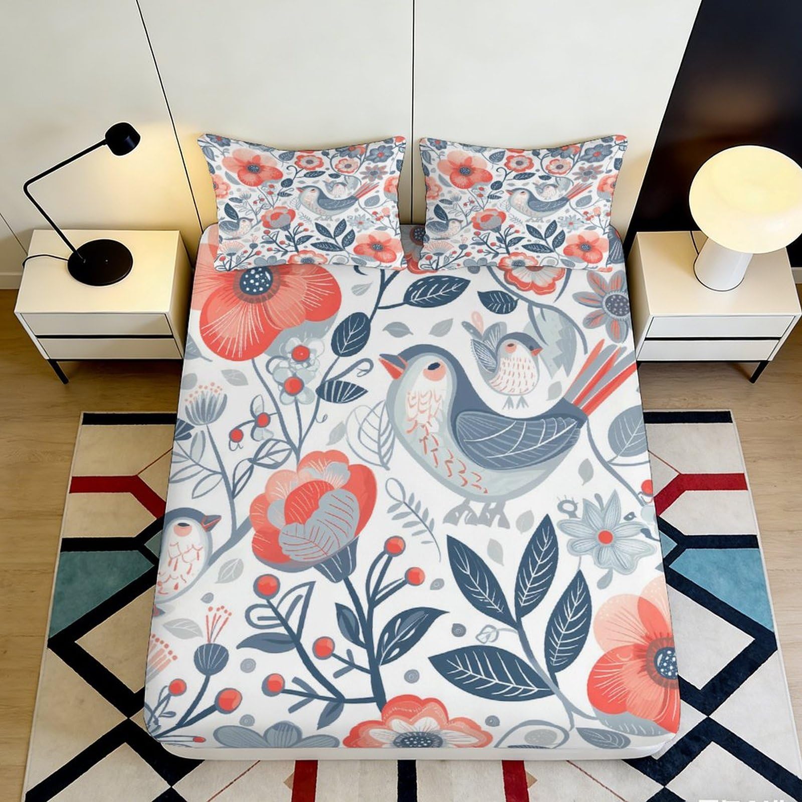 Vibrant decor 3D Printed Fitted Sheet with bird and floral pattern, Microfiber soft touch, wrinkle resistant, ideal for apartment bedding, bedroom or guest room 180x200x25cm