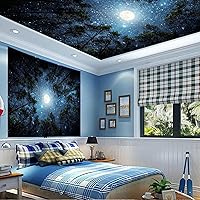Vista 3 de Apdidl Tapiz estrellado de galaxia forestal para techo de dormitorio, espacio azul, cielo estrellado, luna, estrellas, tapiz estético, telón