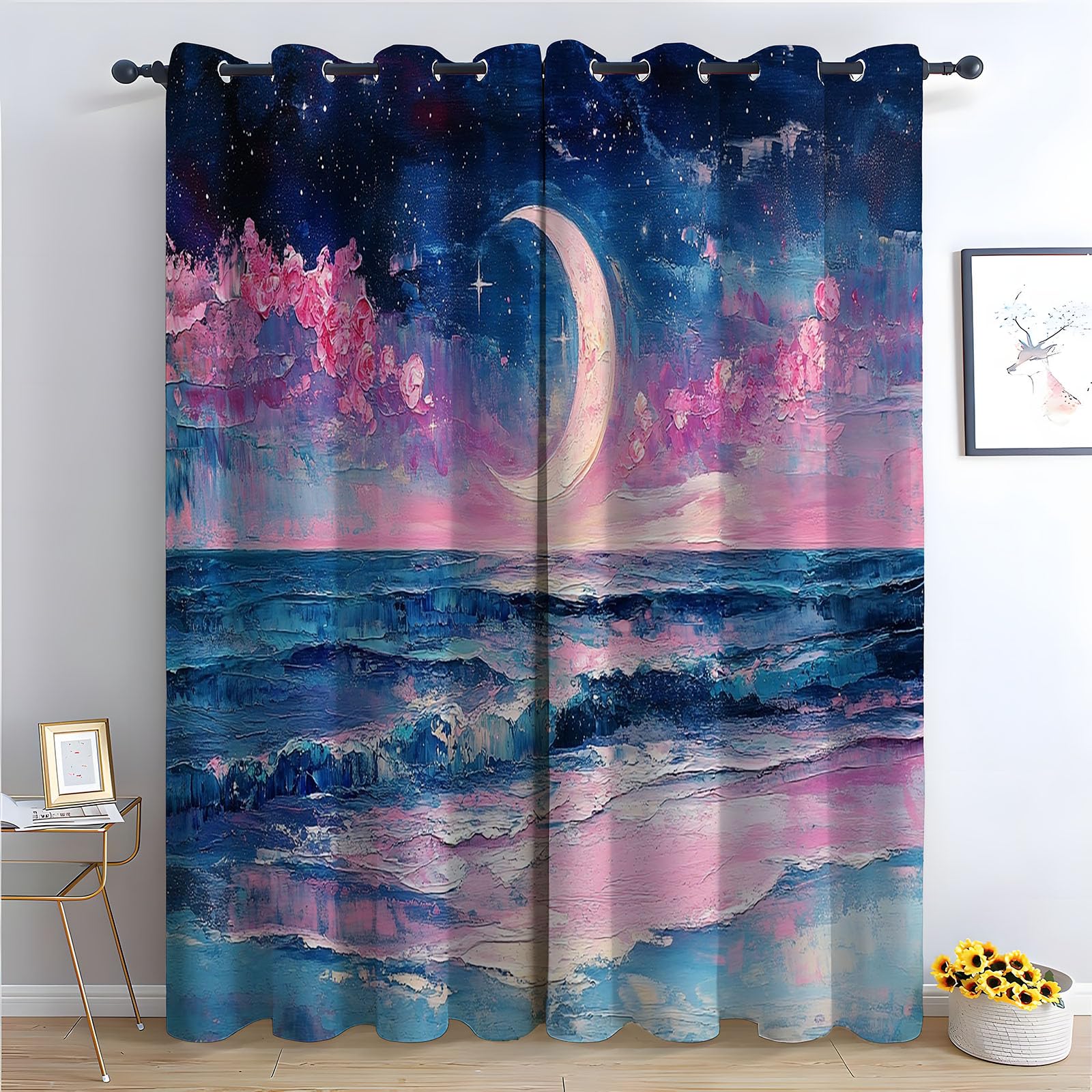 WIKEO Floral Curtains Graffiti Ocean Landscape - Botanical Pencil Pleated Drapes - for Bedroom Drop Eyelet Curtain, Thermal Insulated Blackout 2 Panels-52 W x 96" L (Pack of 2)